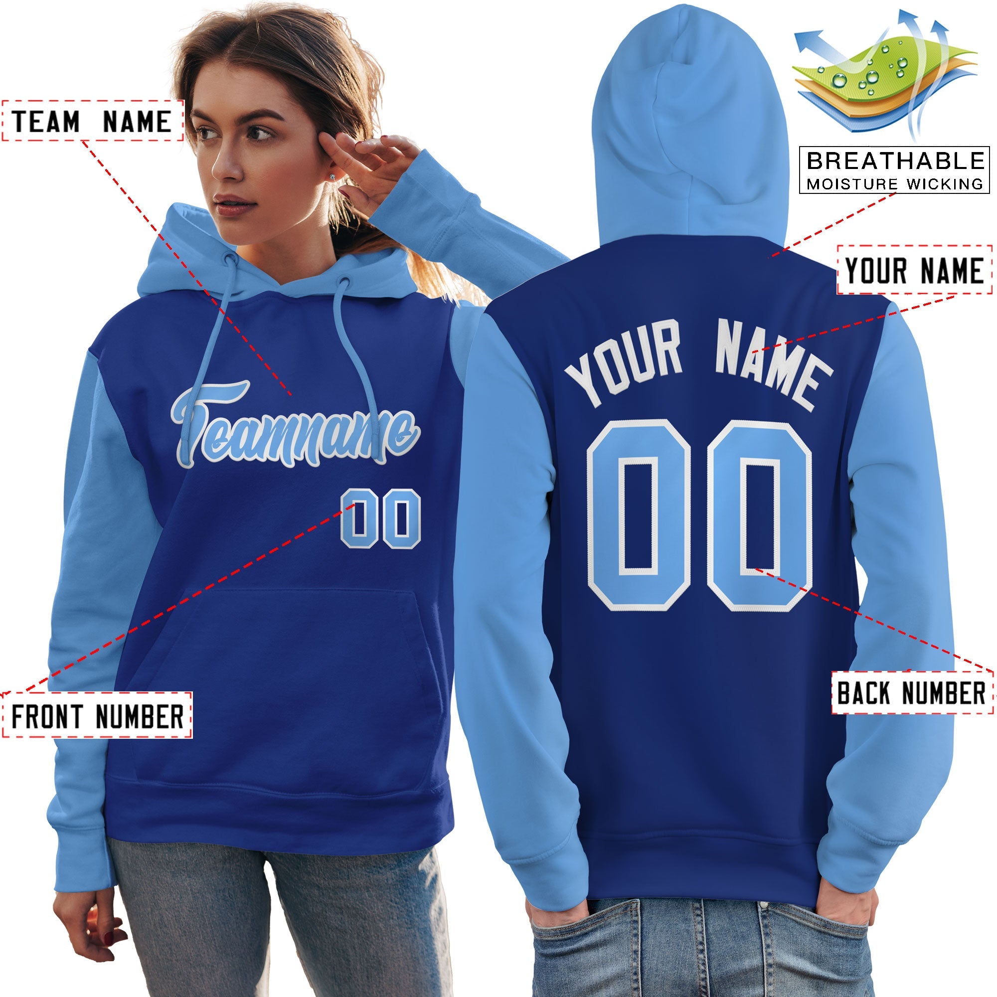 Custom Royal Light Blue-White Raglan Sleeves Pullover Personalized Team Sweatshirt Hoodie