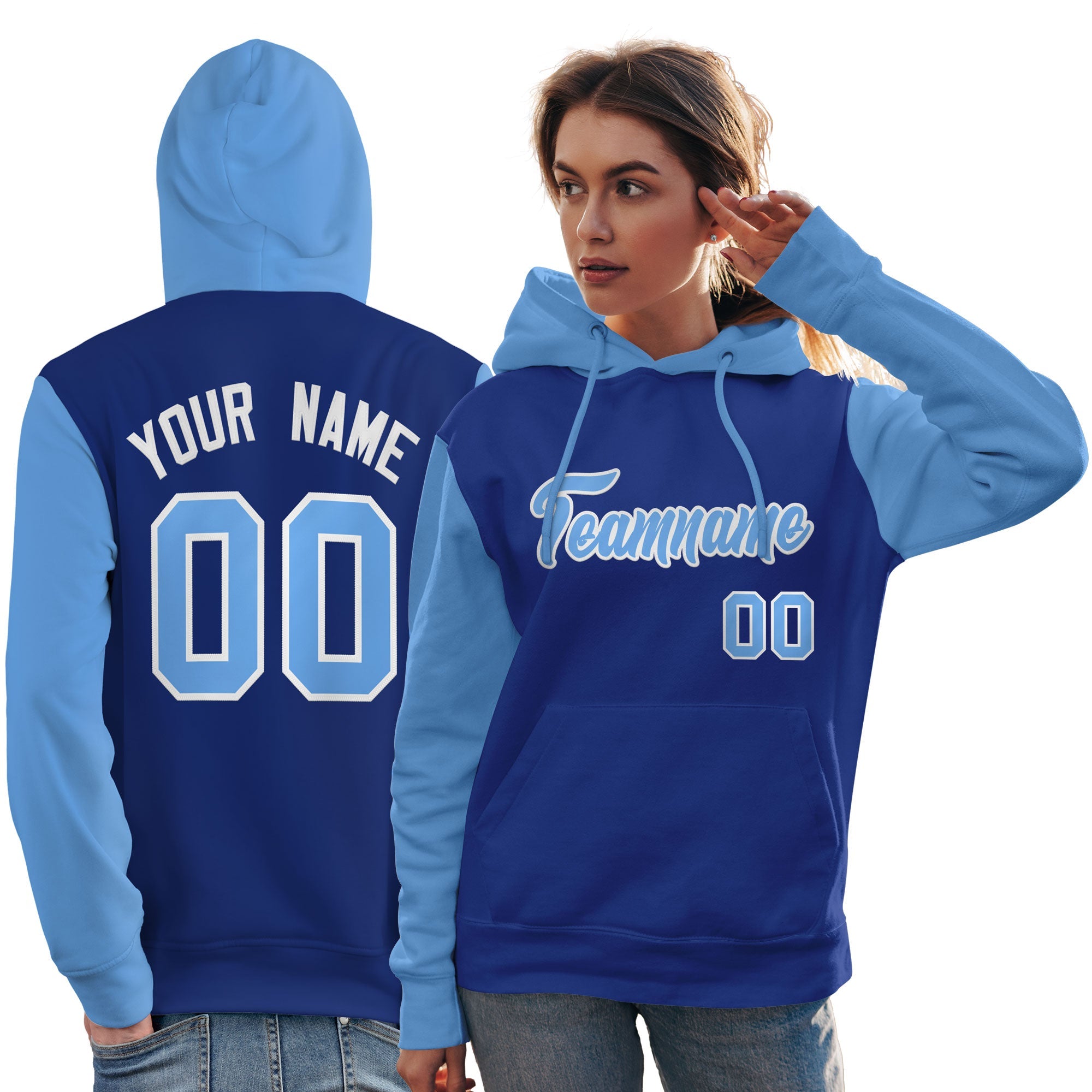 Custom Royal Light Blue-White Raglan Sleeves Pullover Personalized Team Sweatshirt Hoodie