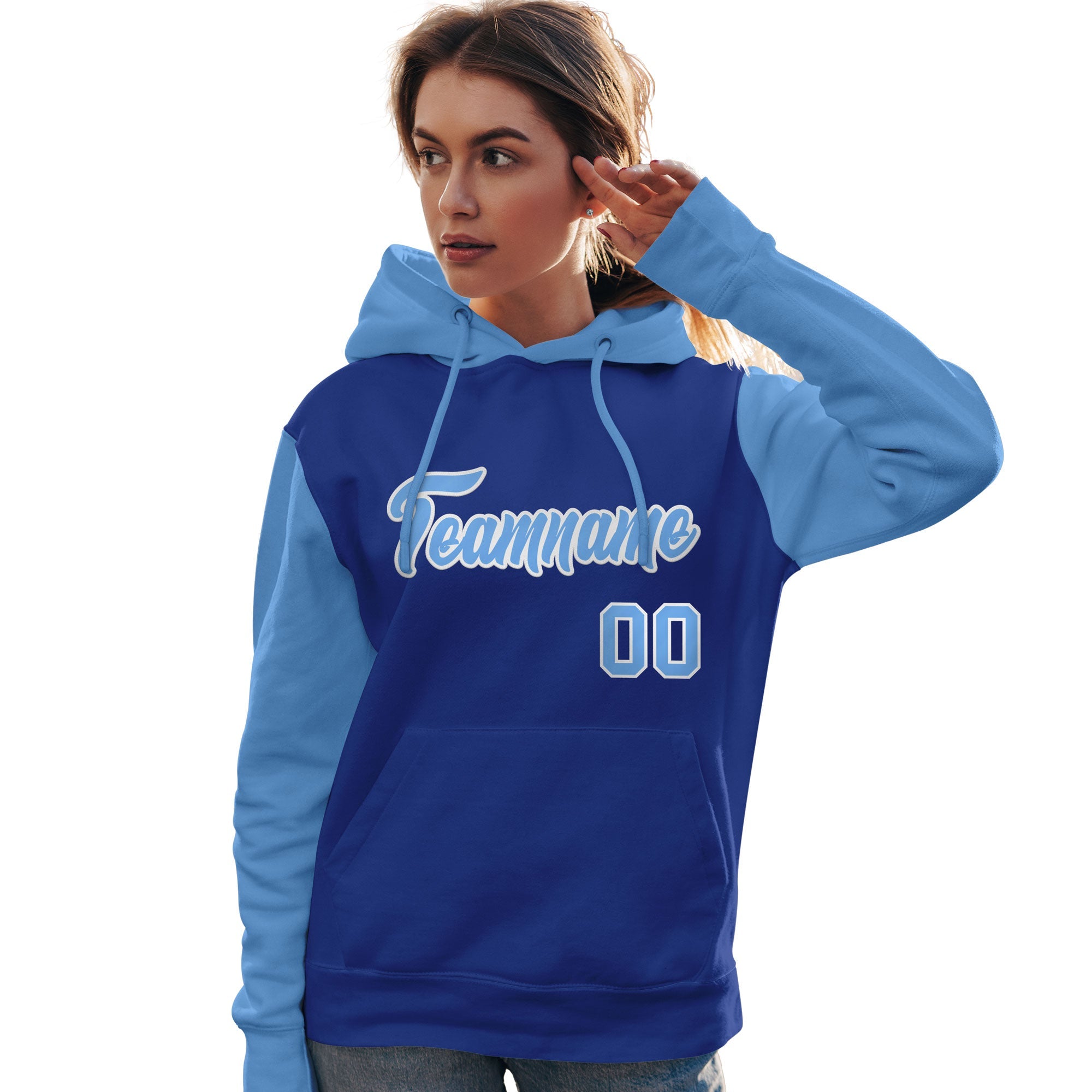 Custom Royal Light Blue-White Raglan Sleeves Pullover Personalized Team Sweatshirt Hoodie