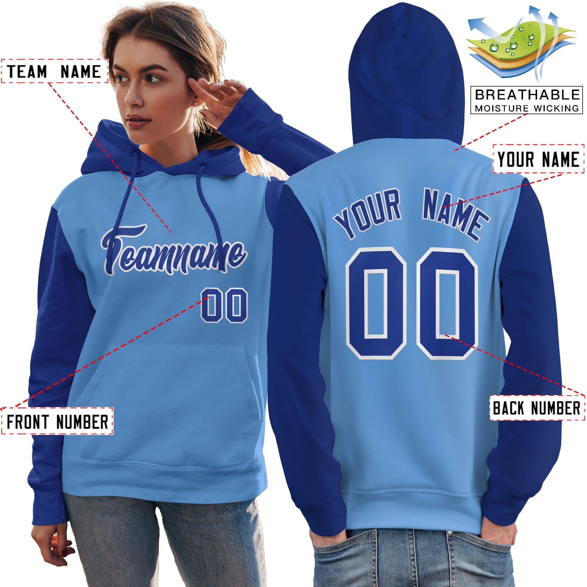 Custom Light Blue Royal-White Raglan Sleeves Pullover Personalized Team Sweatshirt Hoodie