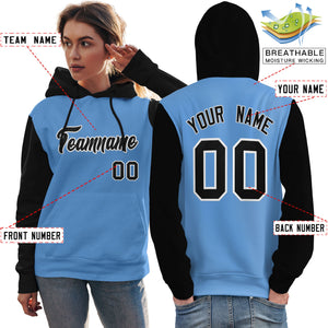 Custom Light Blue Black-White Raglan Sleeves Pullover Personalized Team Sweatshirt Hoodie