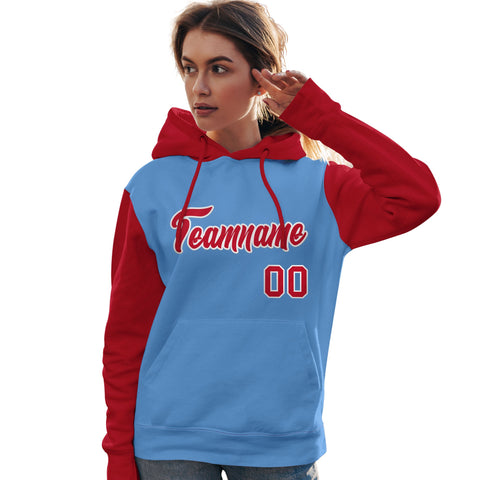 Custom Light Blue Red-White Raglan Sleeves Pullover Personalized Team Sweatshirt Hoodie
