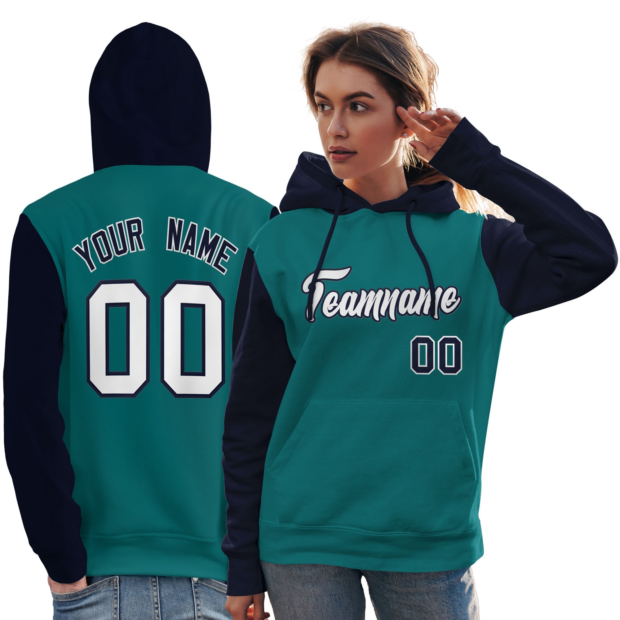 Custom Aqua White-Navy Raglan Sleeves Pullover Personalized Team Sweatshirt Hoodie