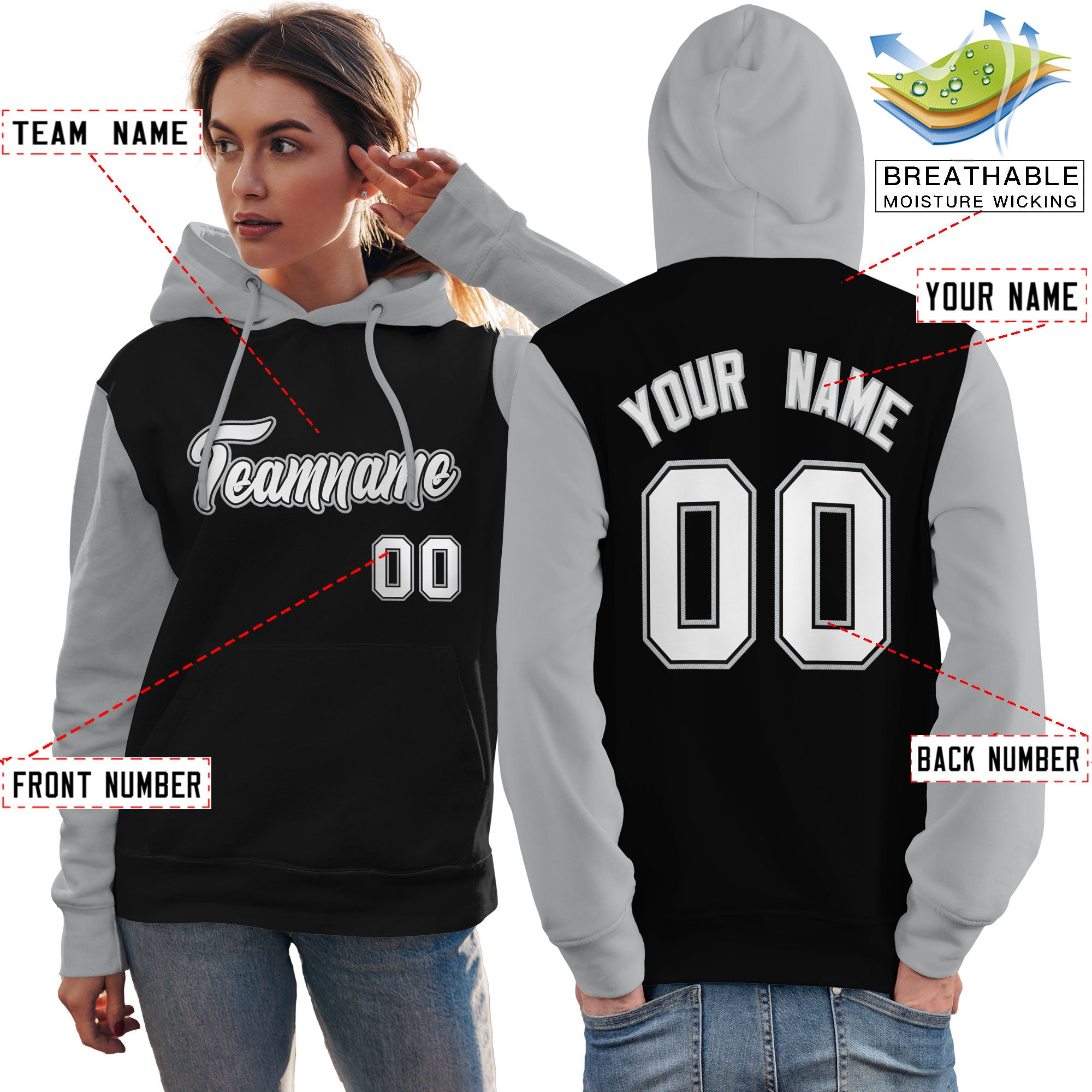 Custom Black White-Gray Raglan Sleeves Pullover Personalized Team Sweatshirt Hoodie