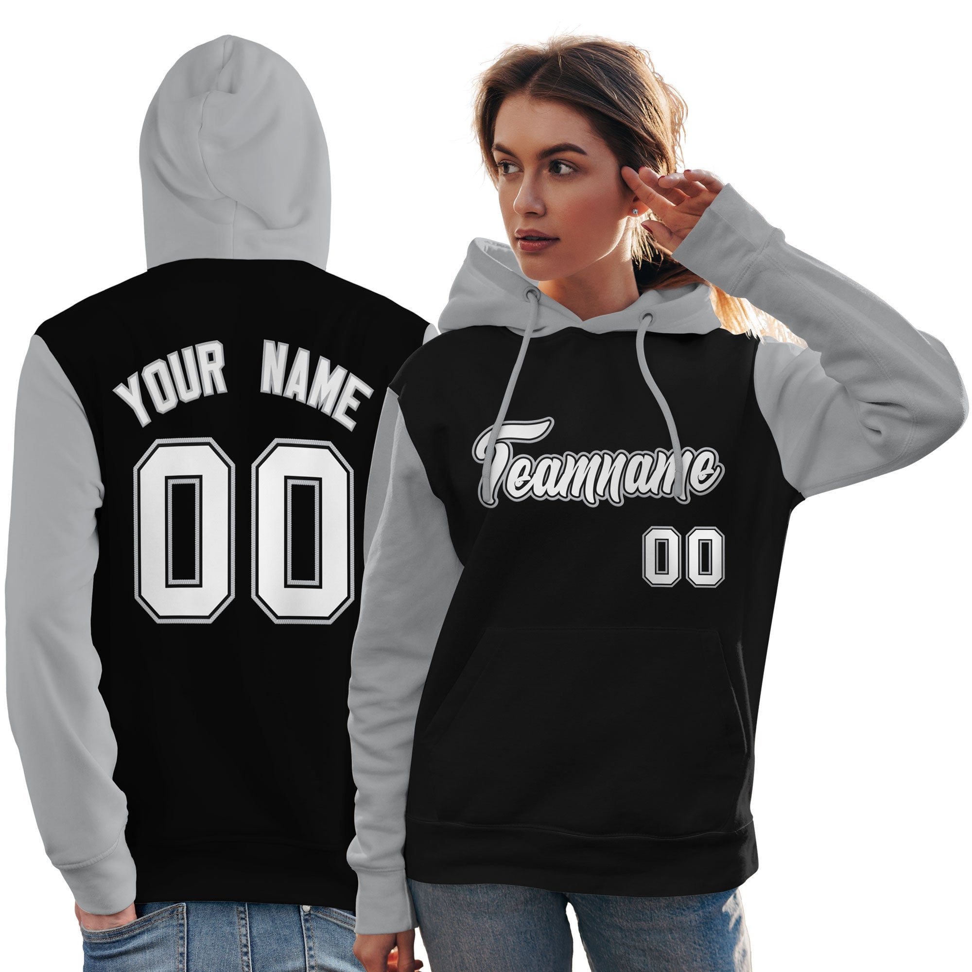 Custom Black White-Gray Raglan Sleeves Pullover Personalized Team Sweatshirt Hoodie