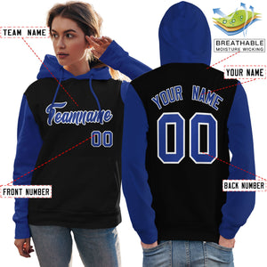 Custom Black Royal-White Raglan Sleeves Pullover Personalized Team Sweatshirt Hoodie