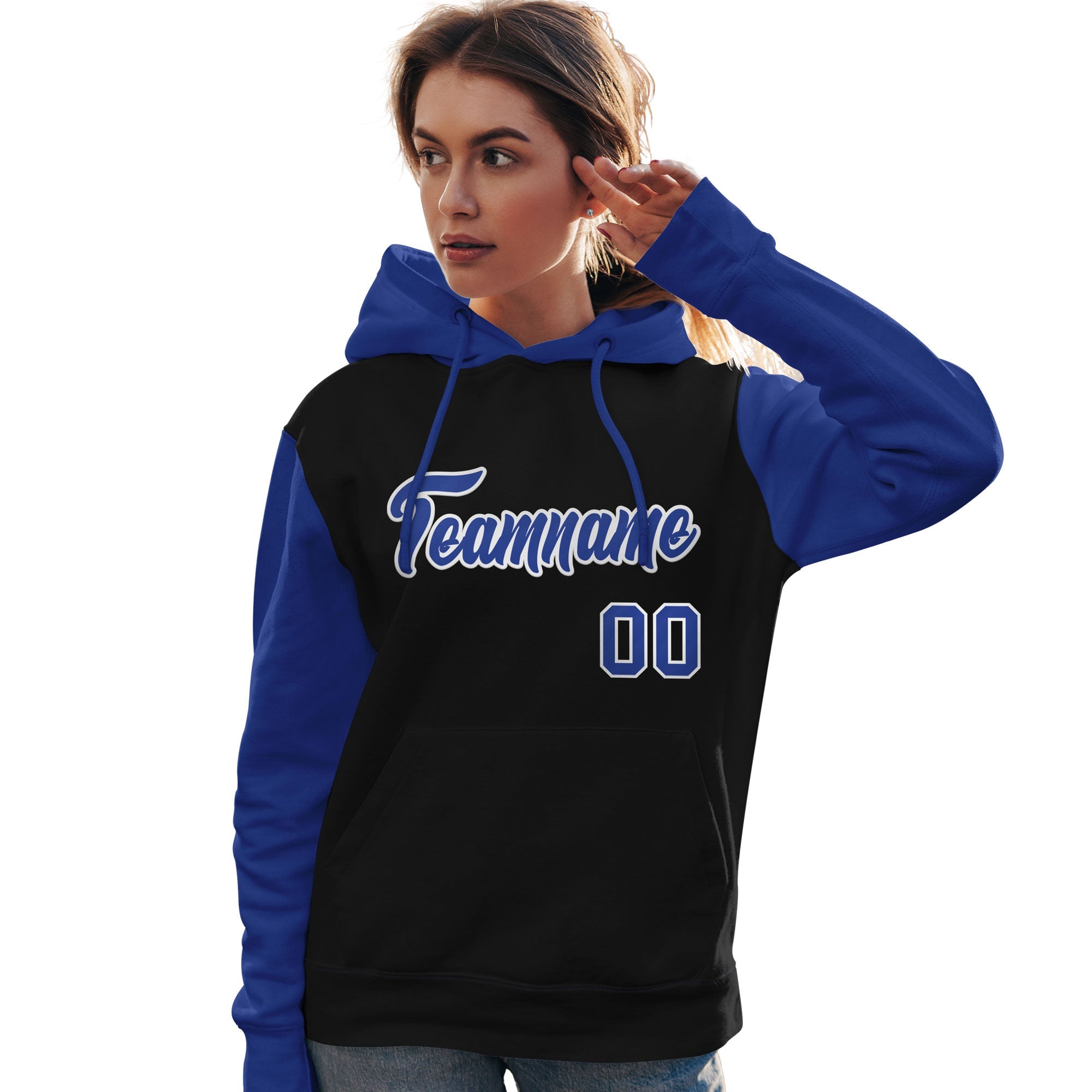 Custom Black Royal-White Raglan Sleeves Pullover Personalized Team Sweatshirt Hoodie