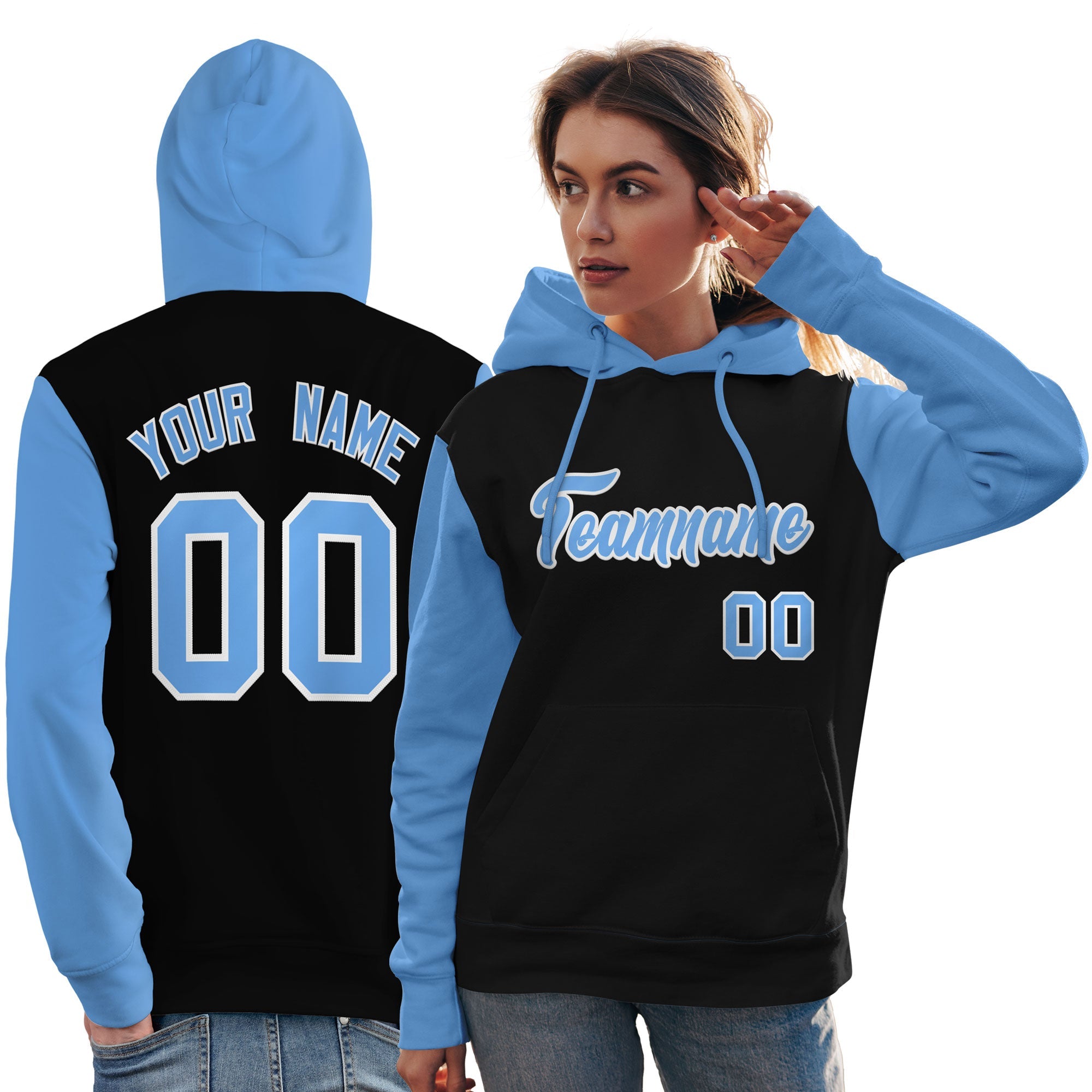 Custom Black Light Blue-White Raglan Sleeves Pullover Personalized Team Sweatshirt Hoodie