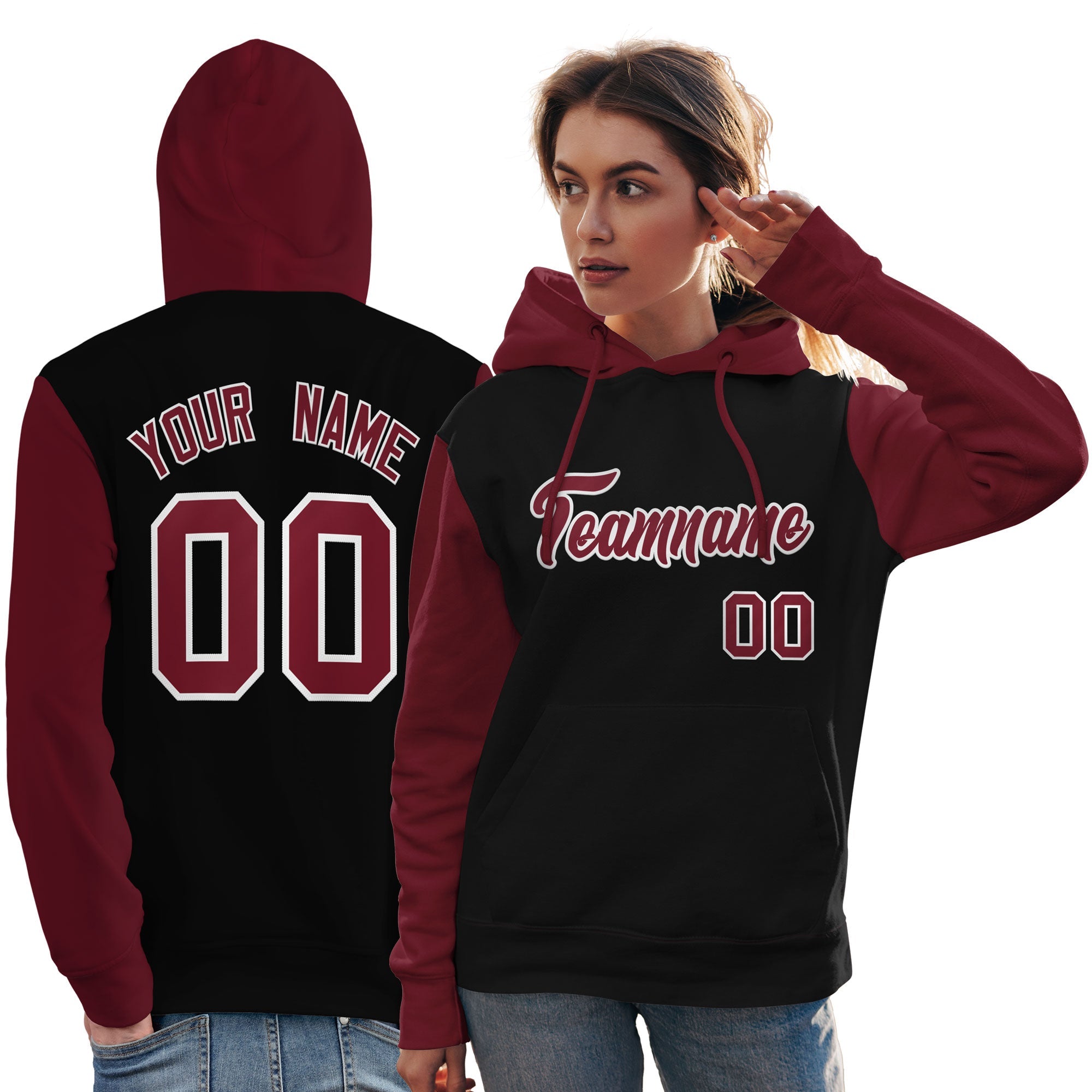 Custom Black Crimson-White Raglan Sleeves Pullover Personalized Team Sweatshirt Hoodie