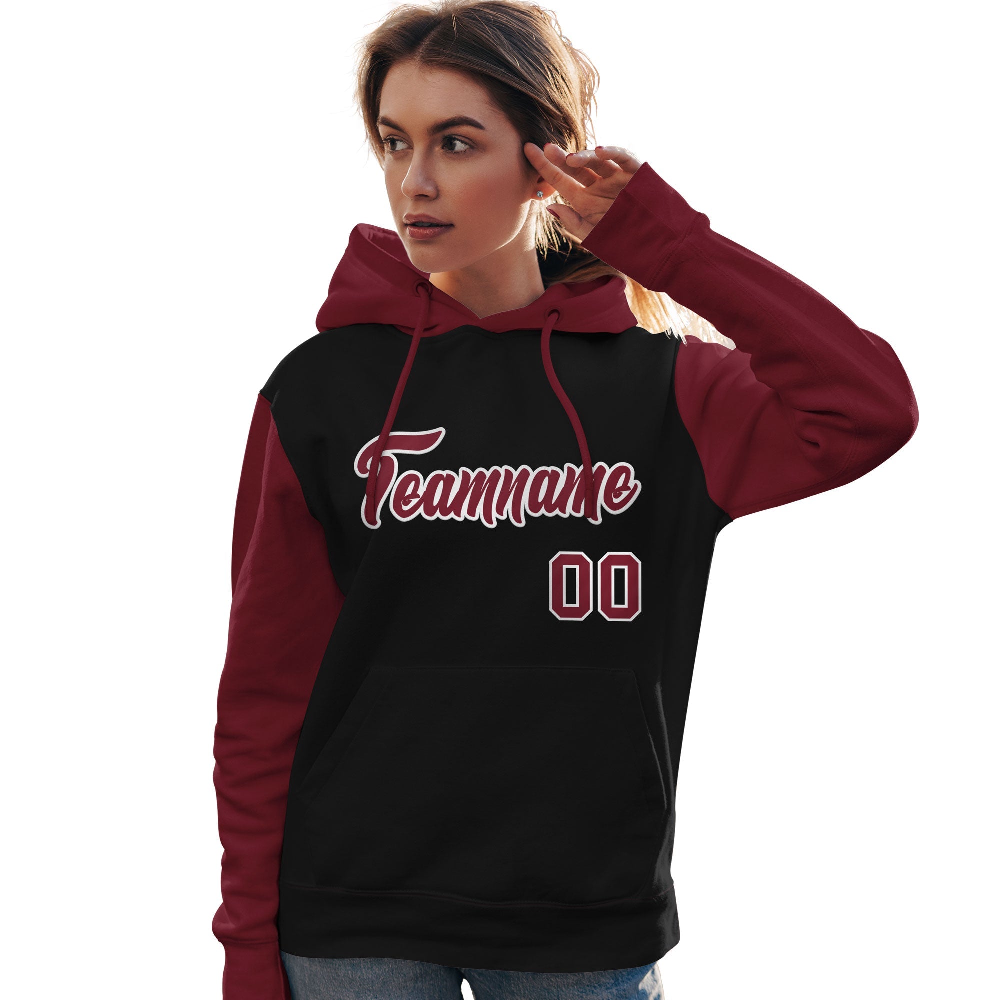 Custom Black Crimson-White Raglan Sleeves Pullover Personalized Team Sweatshirt Hoodie