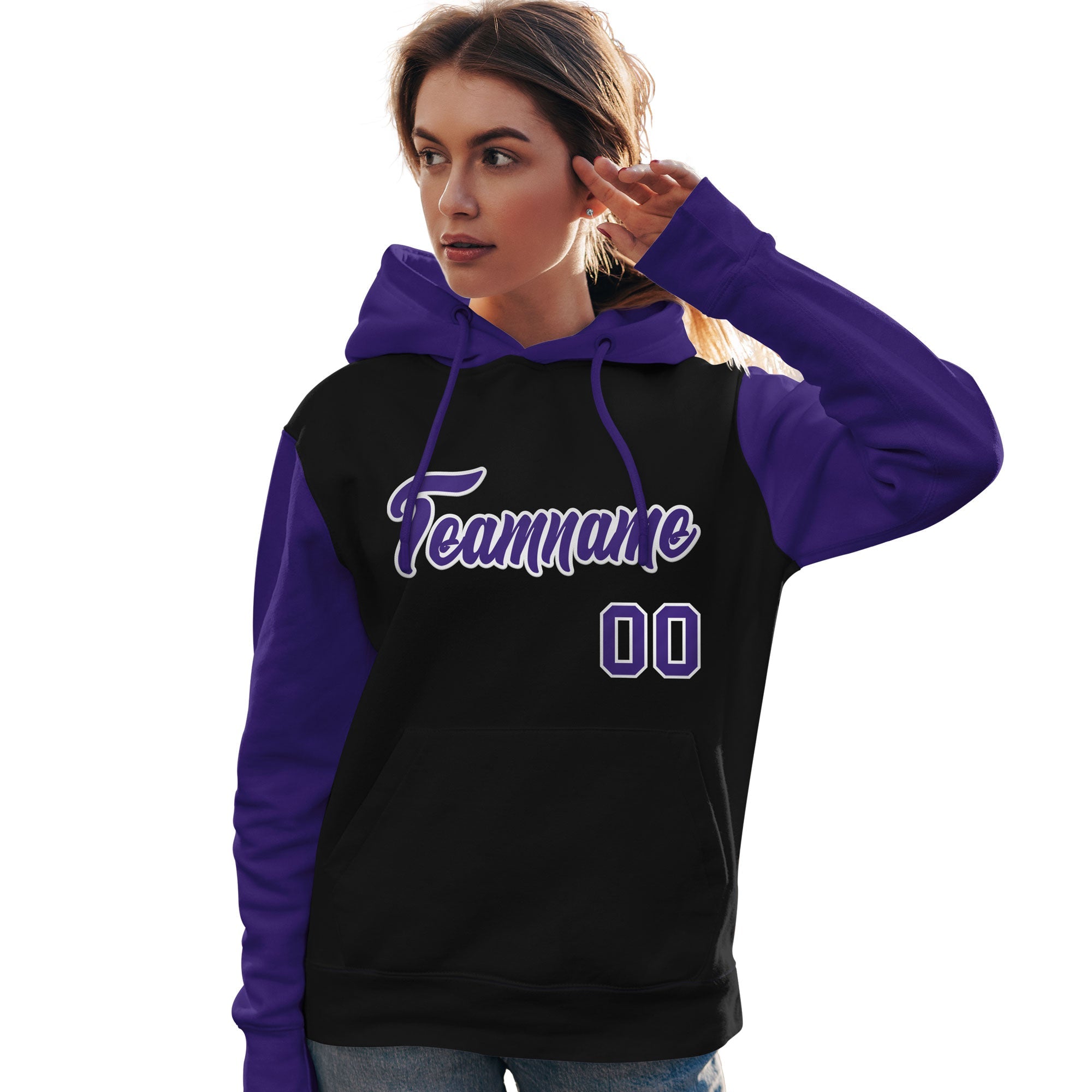 Custom Black Purple-White Raglan Sleeves Pullover Personalized Team Sweatshirt Hoodie