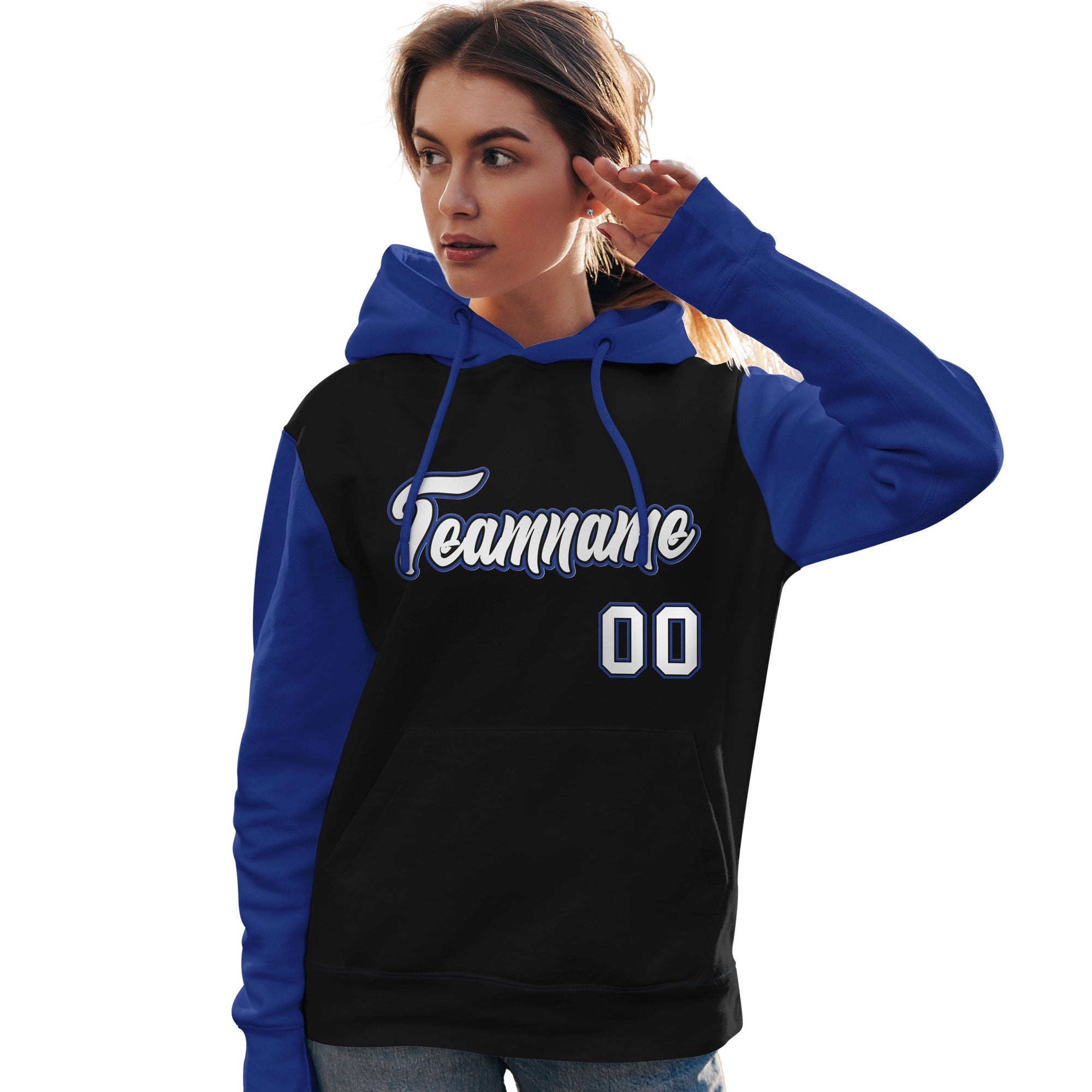 Custom Black White-Royal Raglan Sleeves Pullover Personalized Team Sweatshirt Hoodie