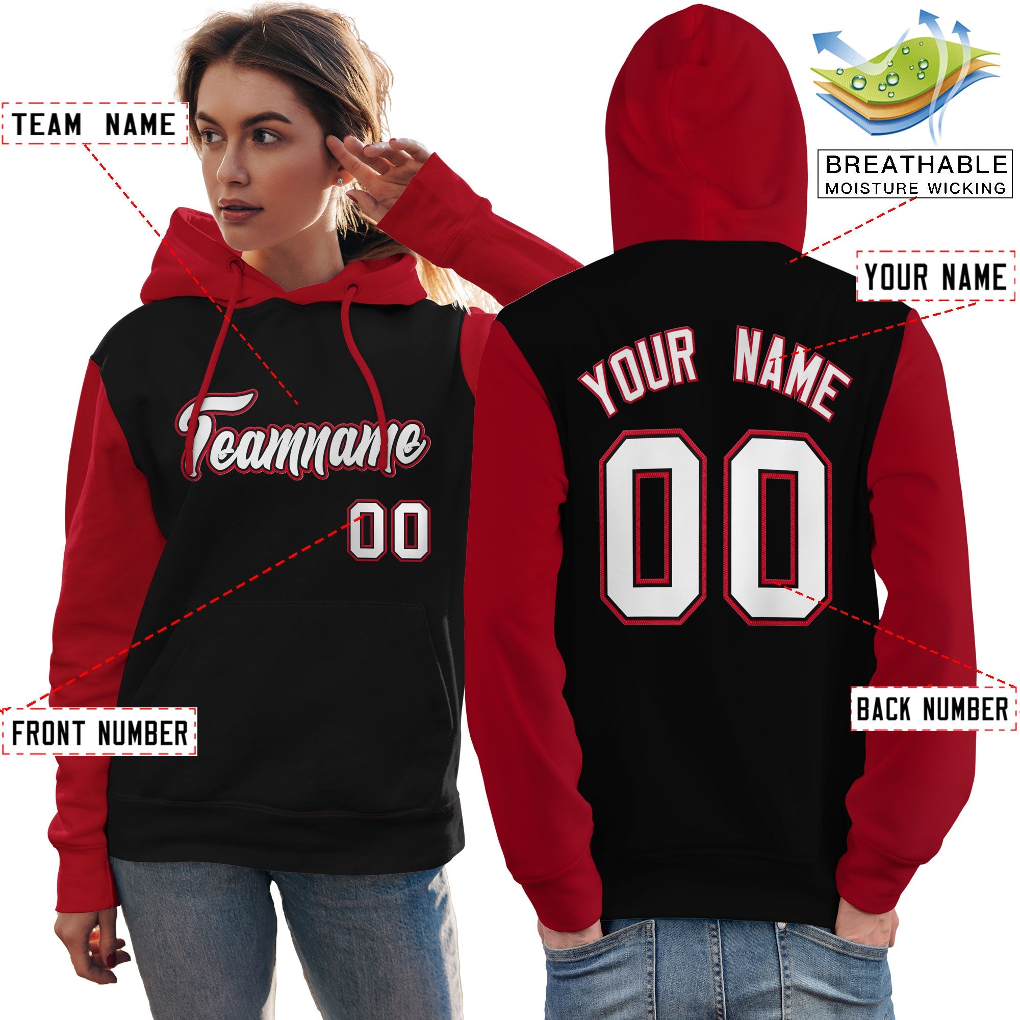 Custom Black White-Red Raglan Sleeves Pullover Personalized Team Sweatshirt Hoodie