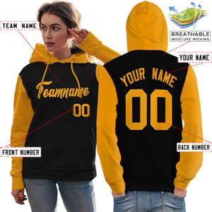 Custom Black Gold Raglan Sleeves Pullover Personalized Team Sweatshirt Hoodie