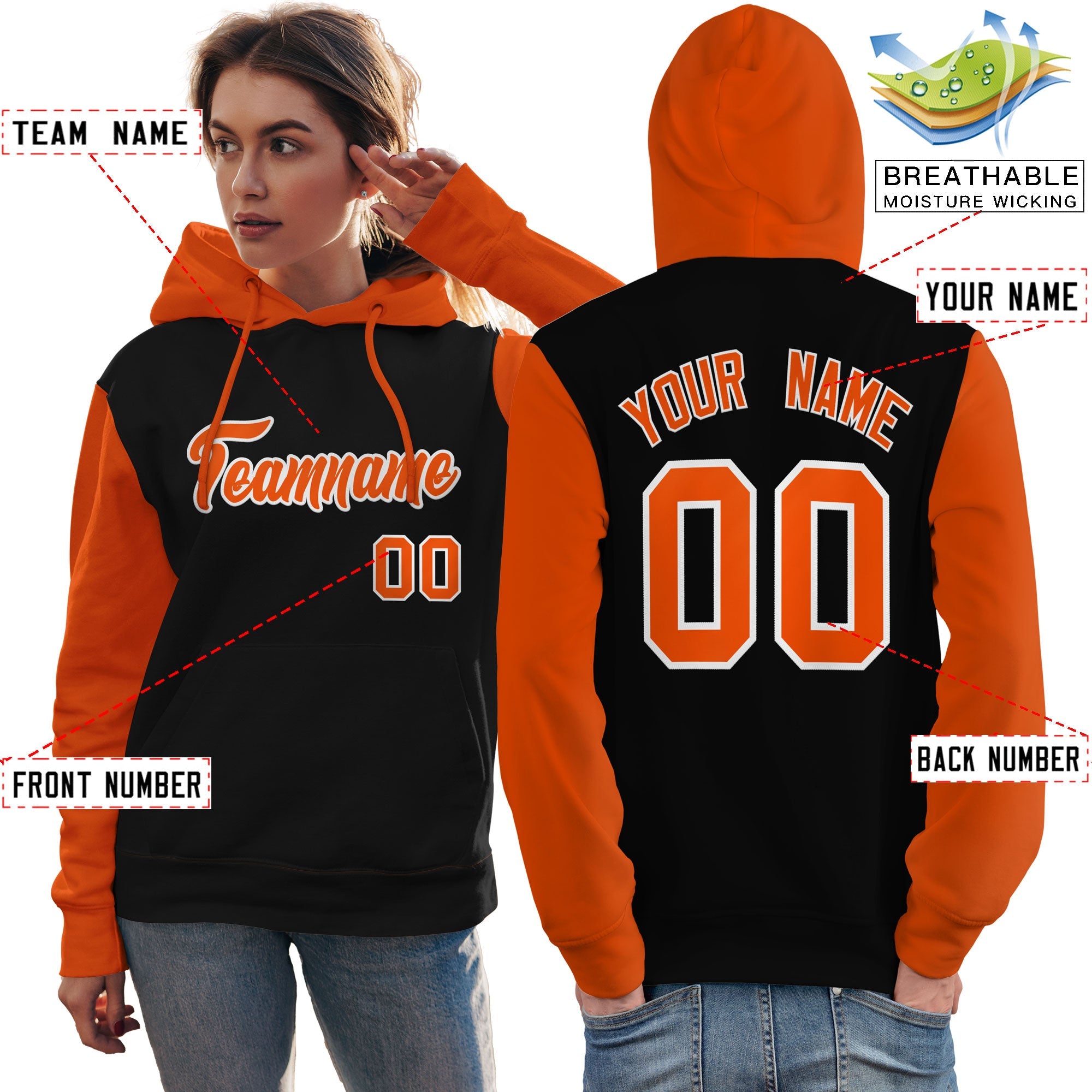 Custom Black Orange-White Raglan Sleeves Pullover Personalized Team Sweatshirt Hoodie