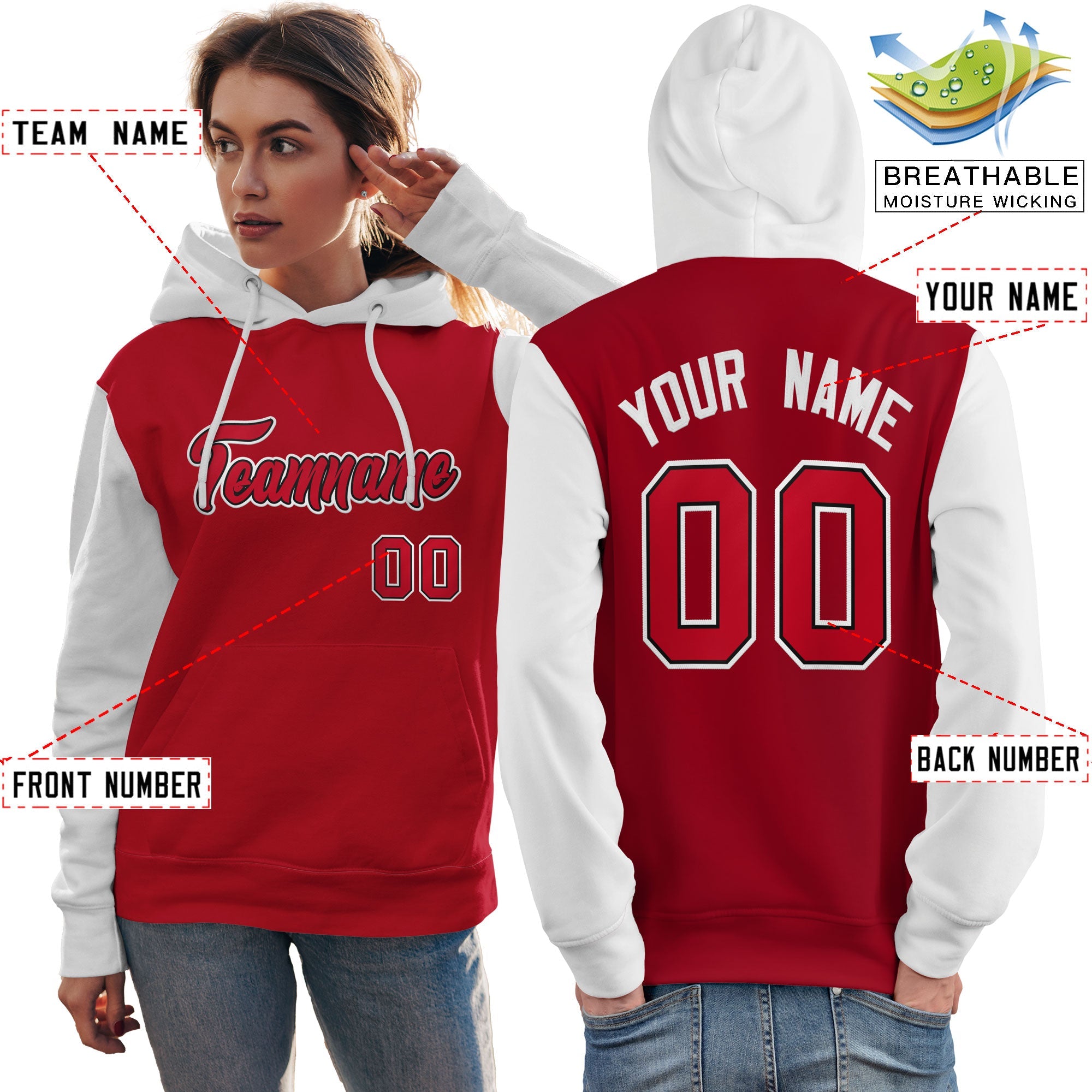 Custom Red Black-White Raglan Sleeves Pullover Personalized Team Sweatshirt Hoodie