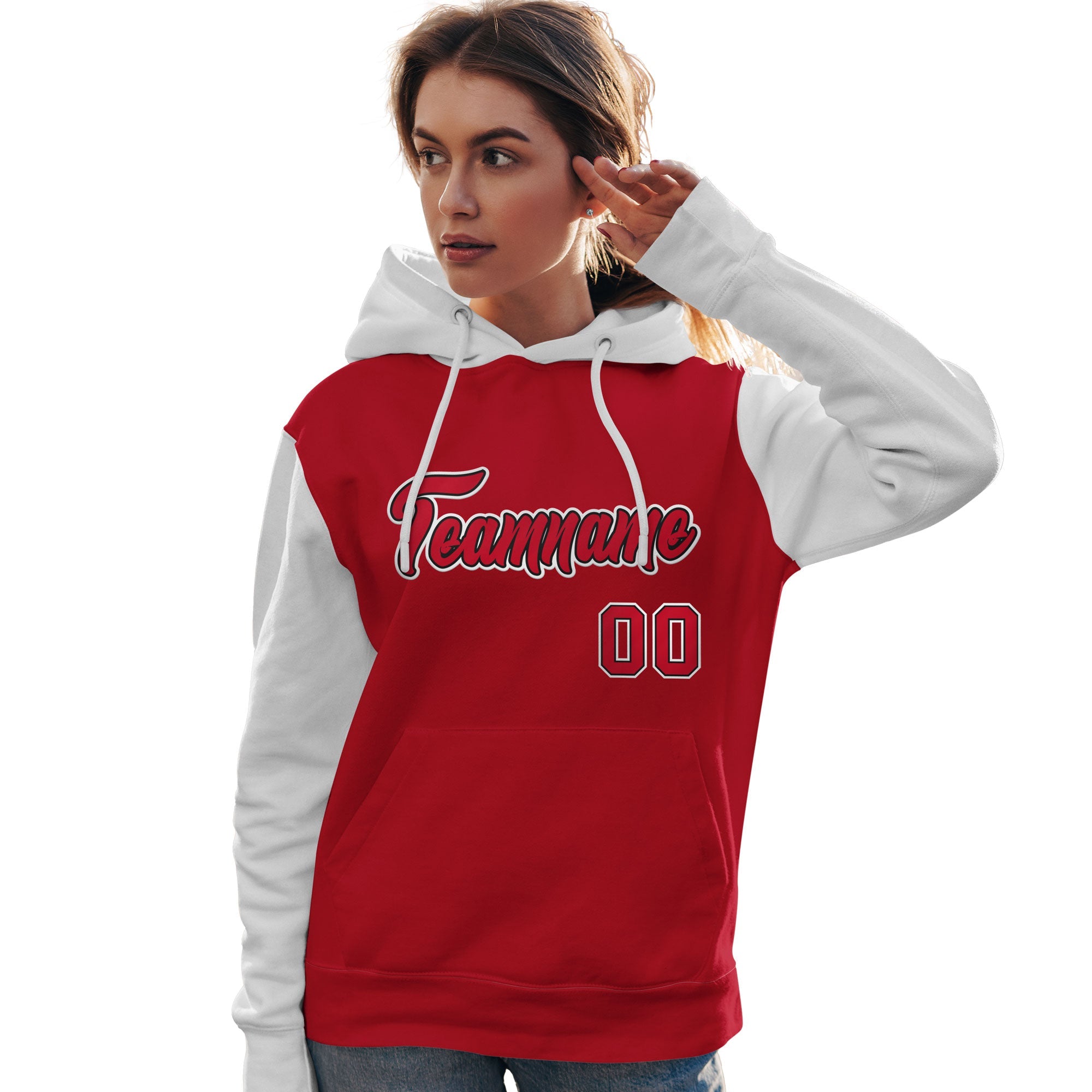 Custom Red Black-White Raglan Sleeves Pullover Personalized Team Sweatshirt Hoodie