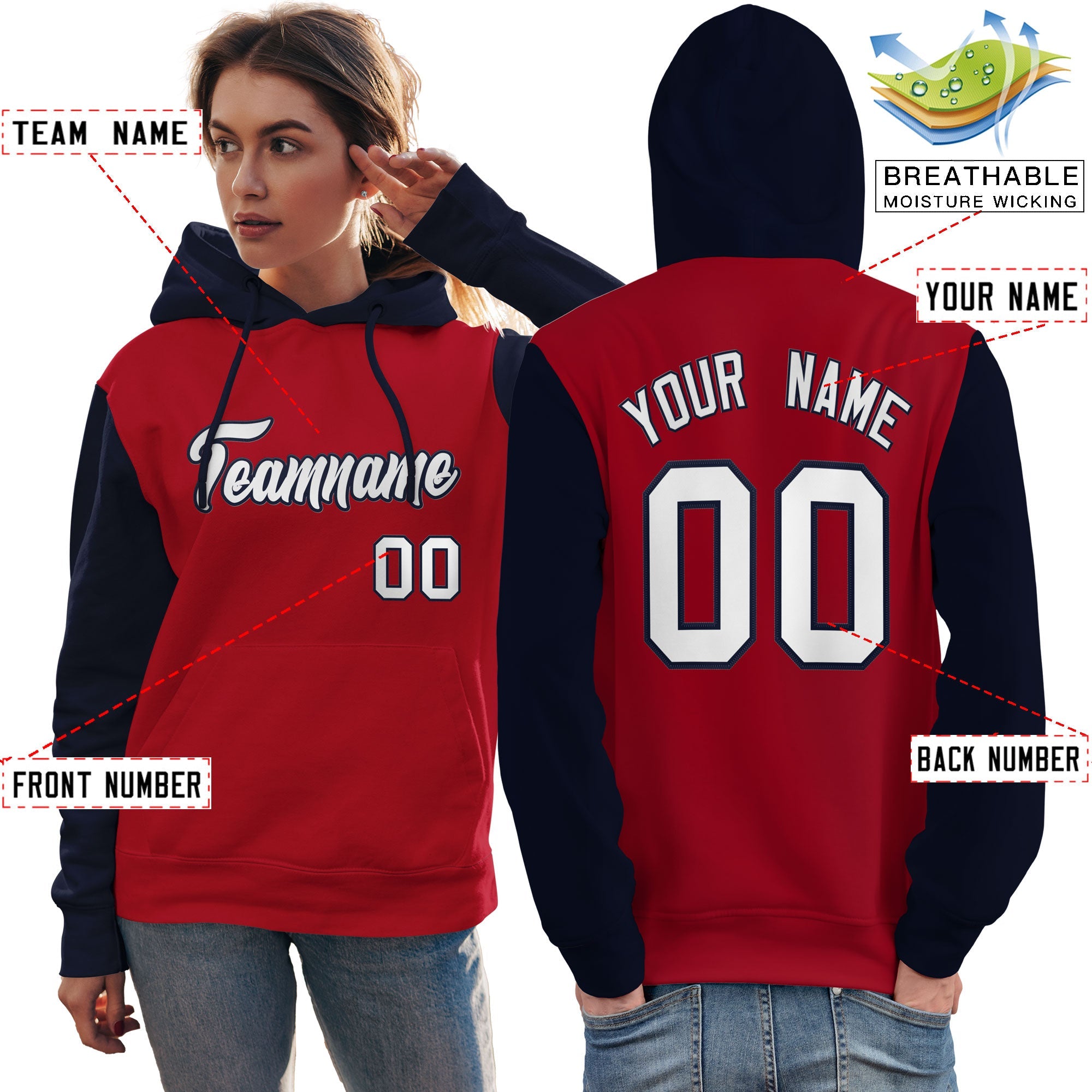 Custom Red White-Navy Raglan Sleeves Pullover Personalized Team Sweatshirt Hoodie