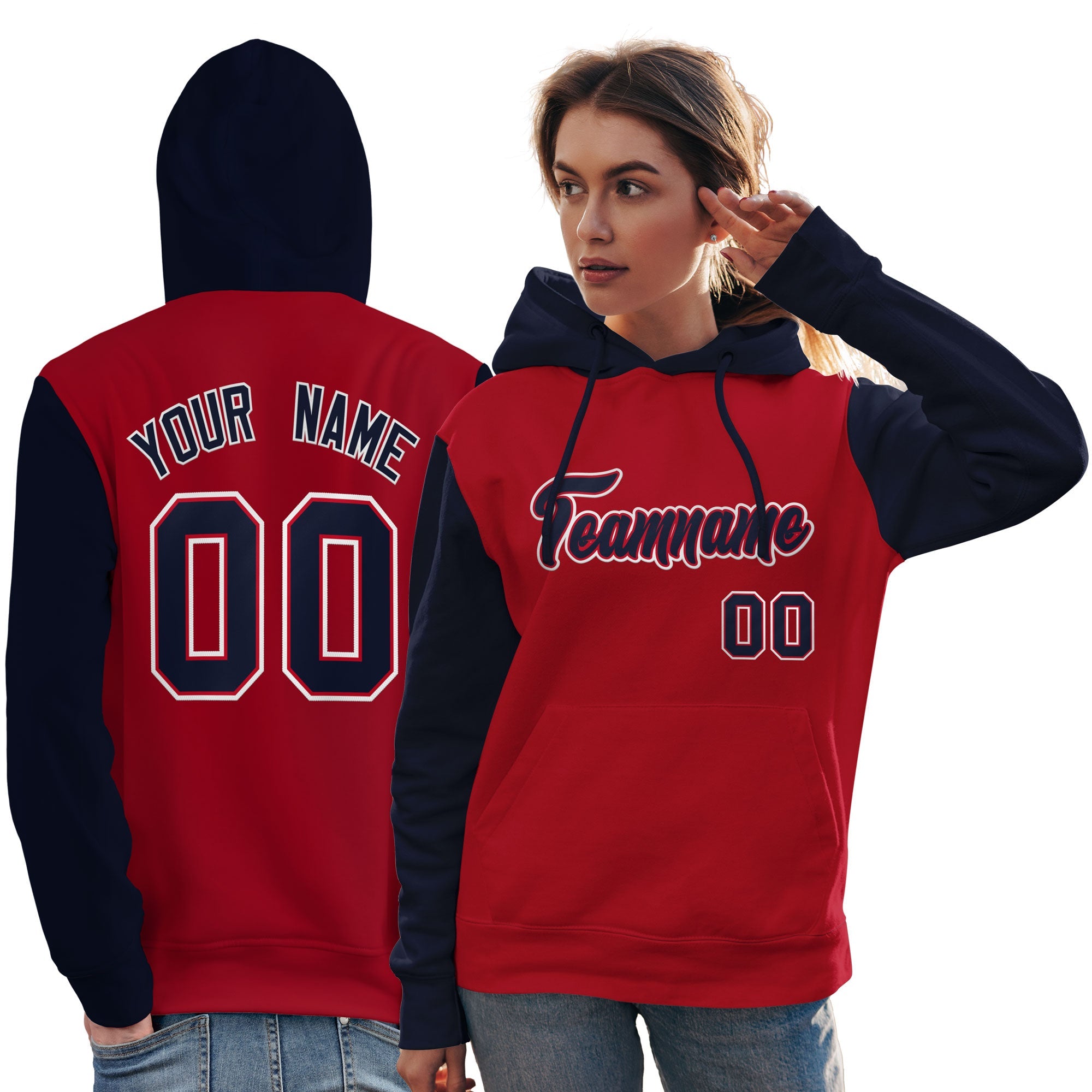 Custom Red Navy-White Raglan Sleeves Pullover Personalized Team Sweatshirt Hoodie