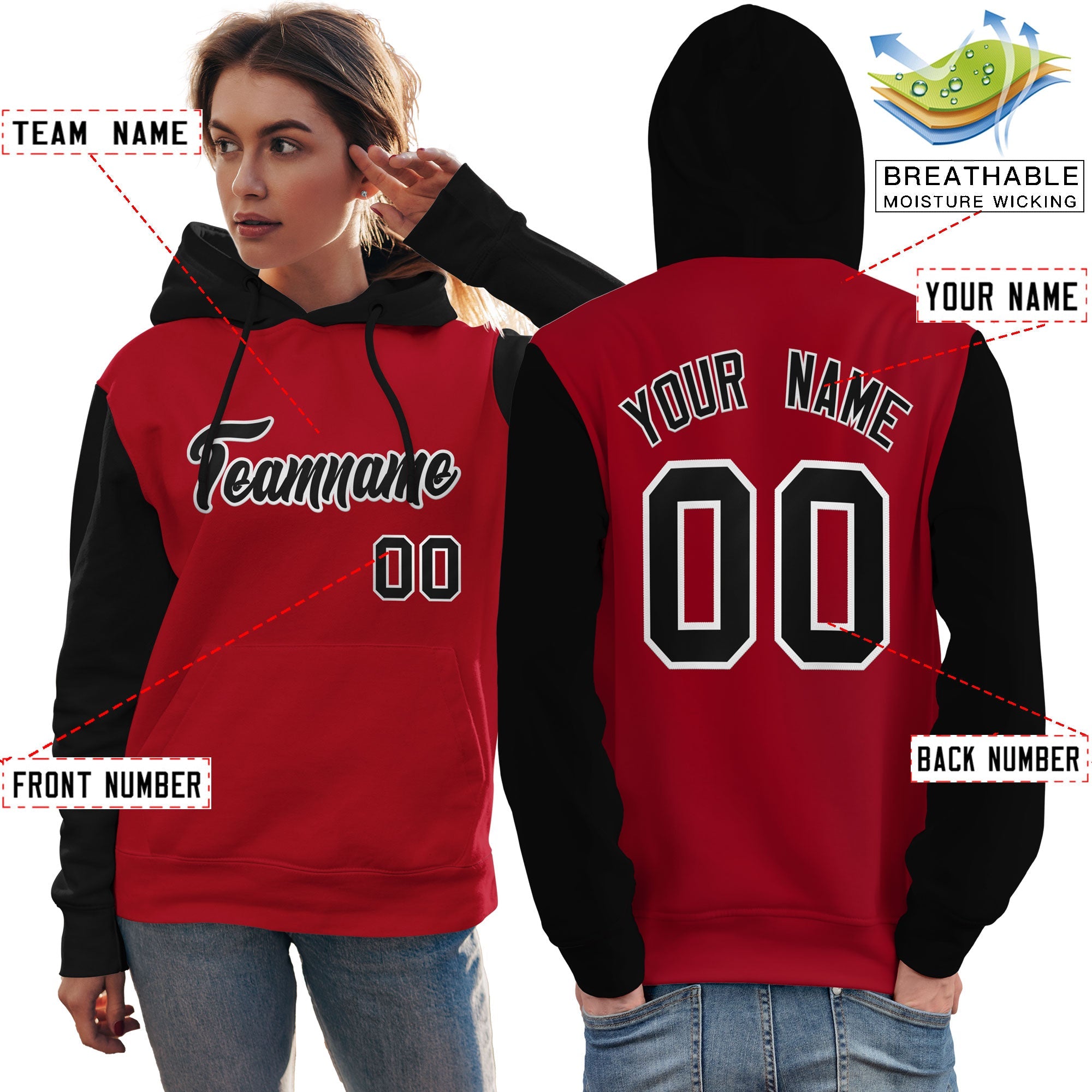 Custom Red Black-White Raglan Sleeves Pullover Personalized Team Sweatshirt Hoodie