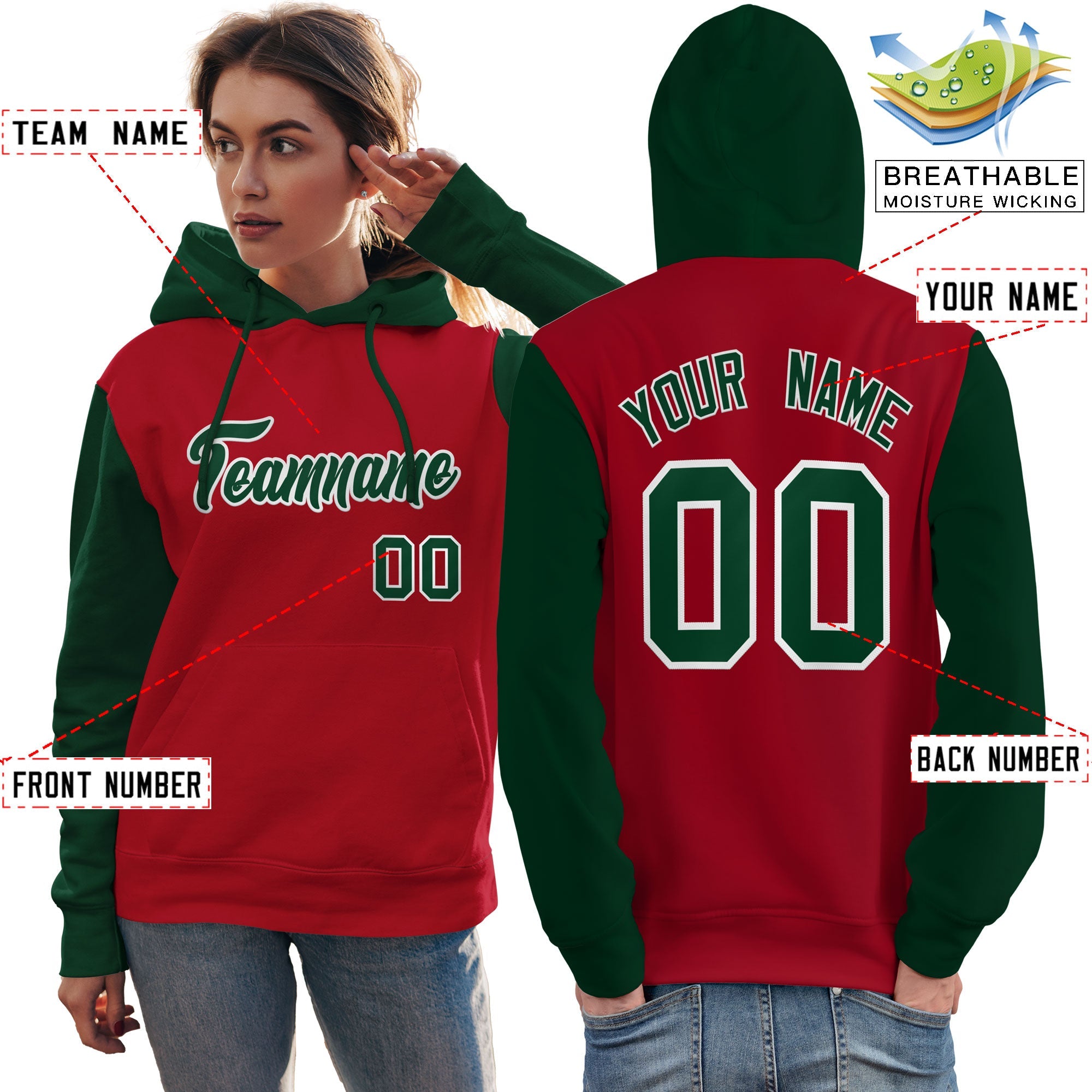 Custom Red Green-White Raglan Sleeves Pullover Personalized Team Sweatshirt Hoodie