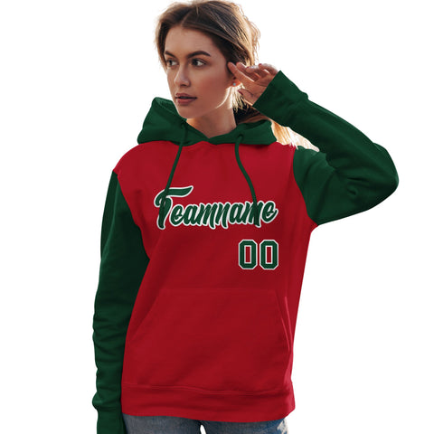 Custom Red Green-White Raglan Sleeves Pullover Personalized Team Sweatshirt Hoodie