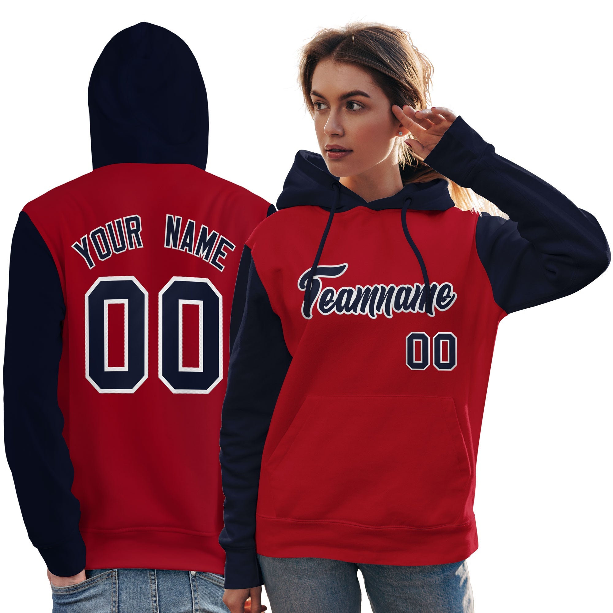 Custom Red Navy-White Raglan Sleeves Pullover Personalized Team Sweatshirt Hoodie