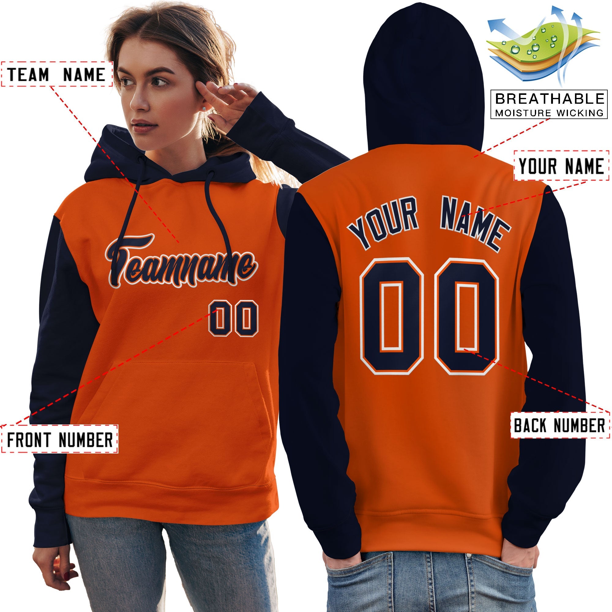 Custom Orange Navy-White Raglan Sleeves Pullover Personalized Team Sweatshirt Hoodie