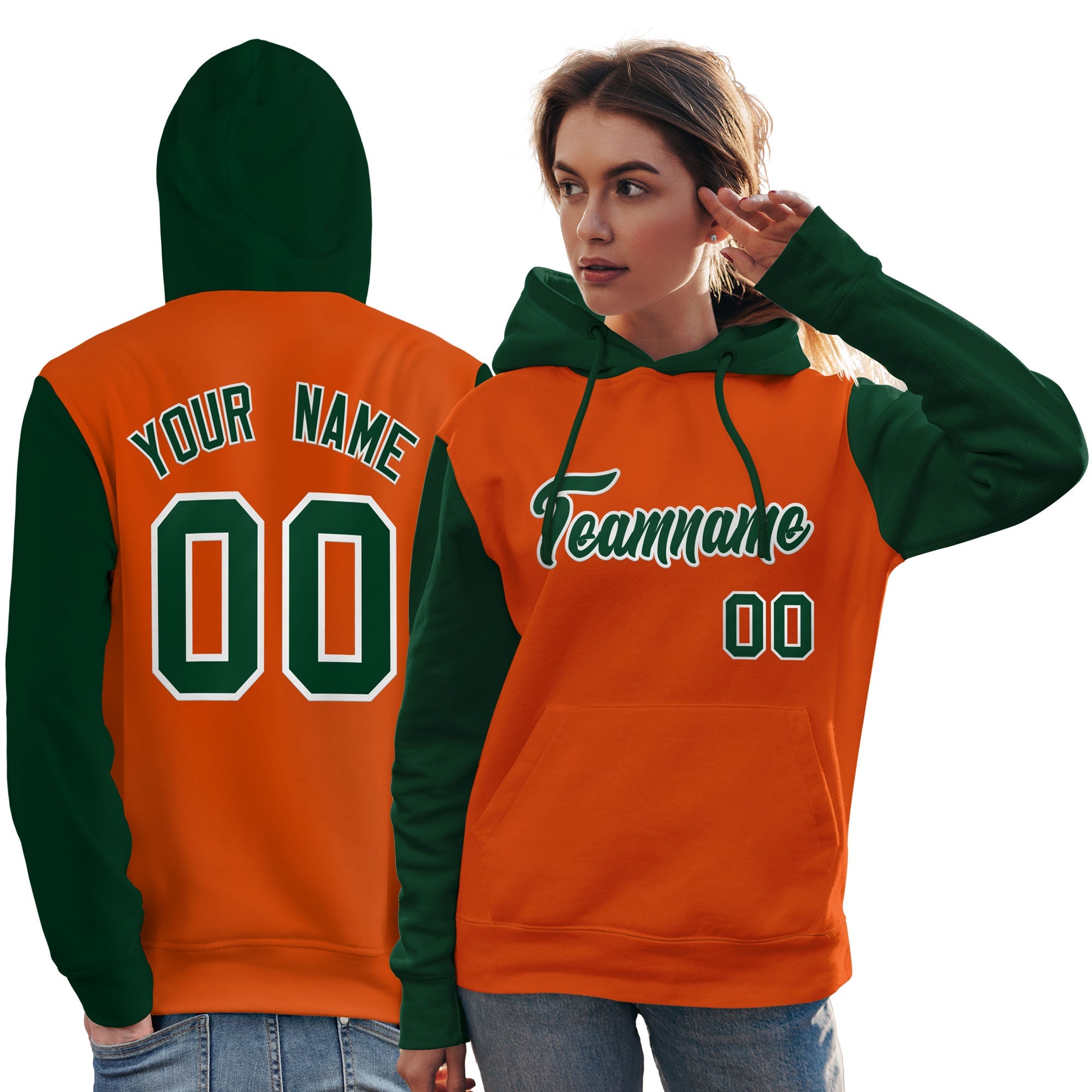 Custom Orange Green-White Raglan Sleeves Pullover Personalized Team Sweatshirt Hoodie