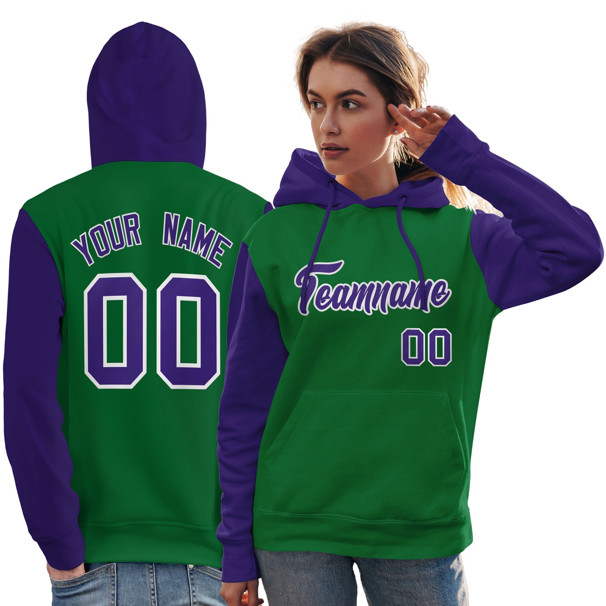 Custom Kelly Green Purple-White Raglan Sleeves Pullover Personalized Team Sweatshirt Hoodie