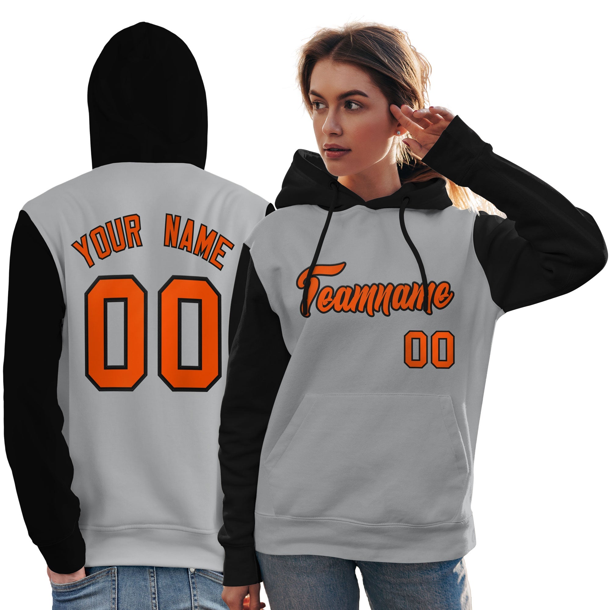 Custom Gray Orange-Black Raglan Sleeves Pullover Personalized Team Sweatshirt Hoodie