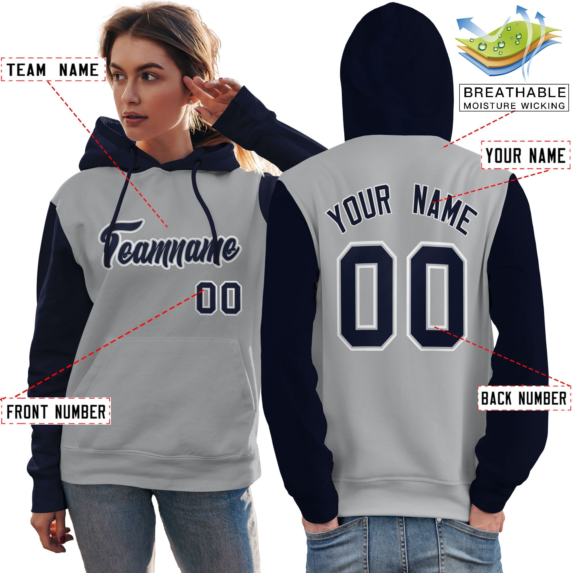 Custom Gray Navy-White Raglan Sleeves Pullover Personalized Team Sweatshirt Hoodie