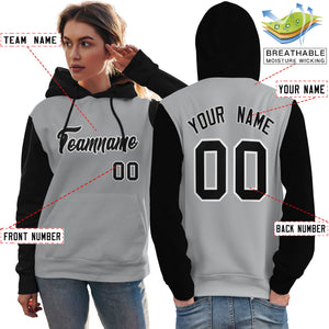 Custom Gray Black-White Raglan Sleeves Pullover Personalized Team Sweatshirt Hoodie