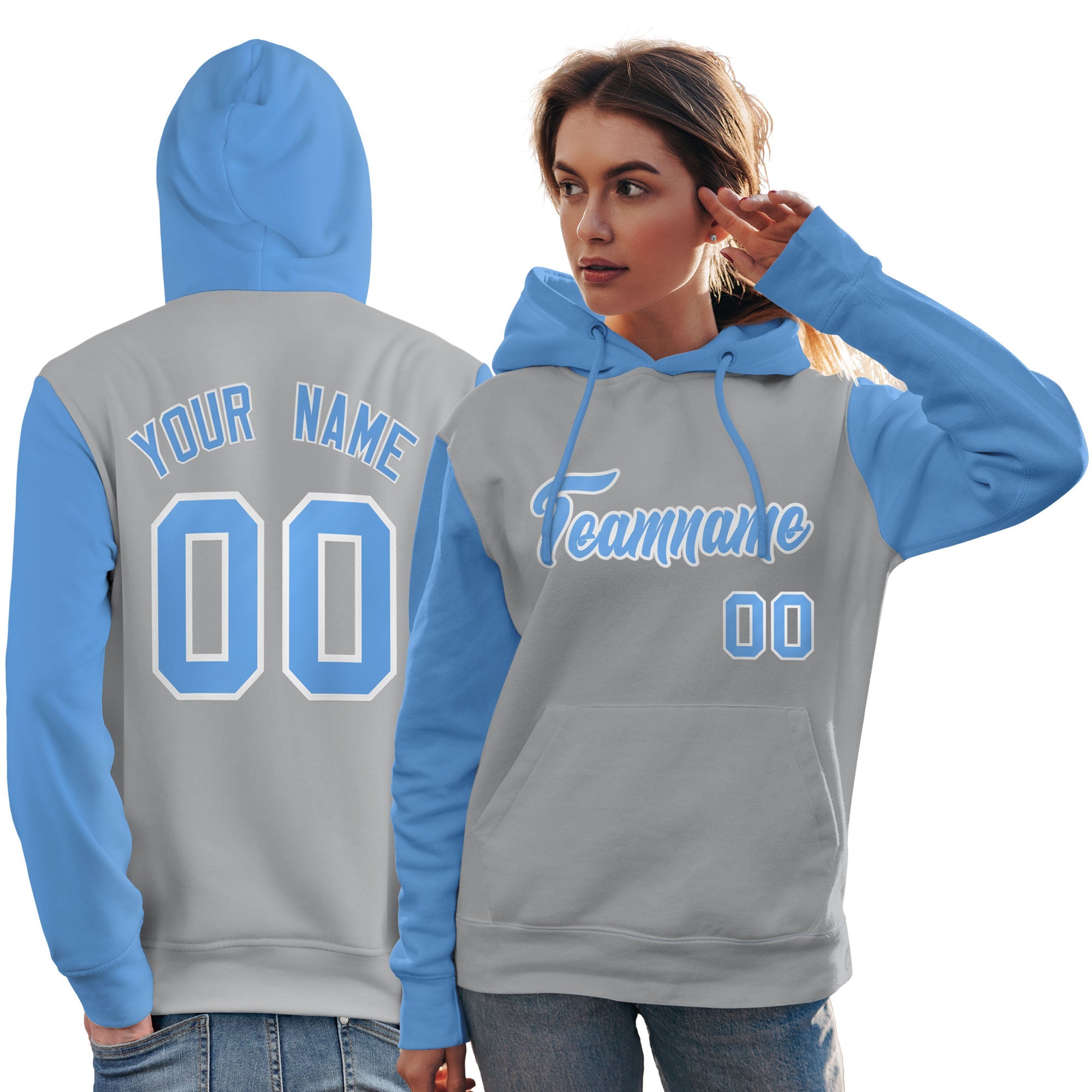 Custom Gray Light Blue-White Raglan Sleeves Pullover Personalized Team Sweatshirt Hoodie