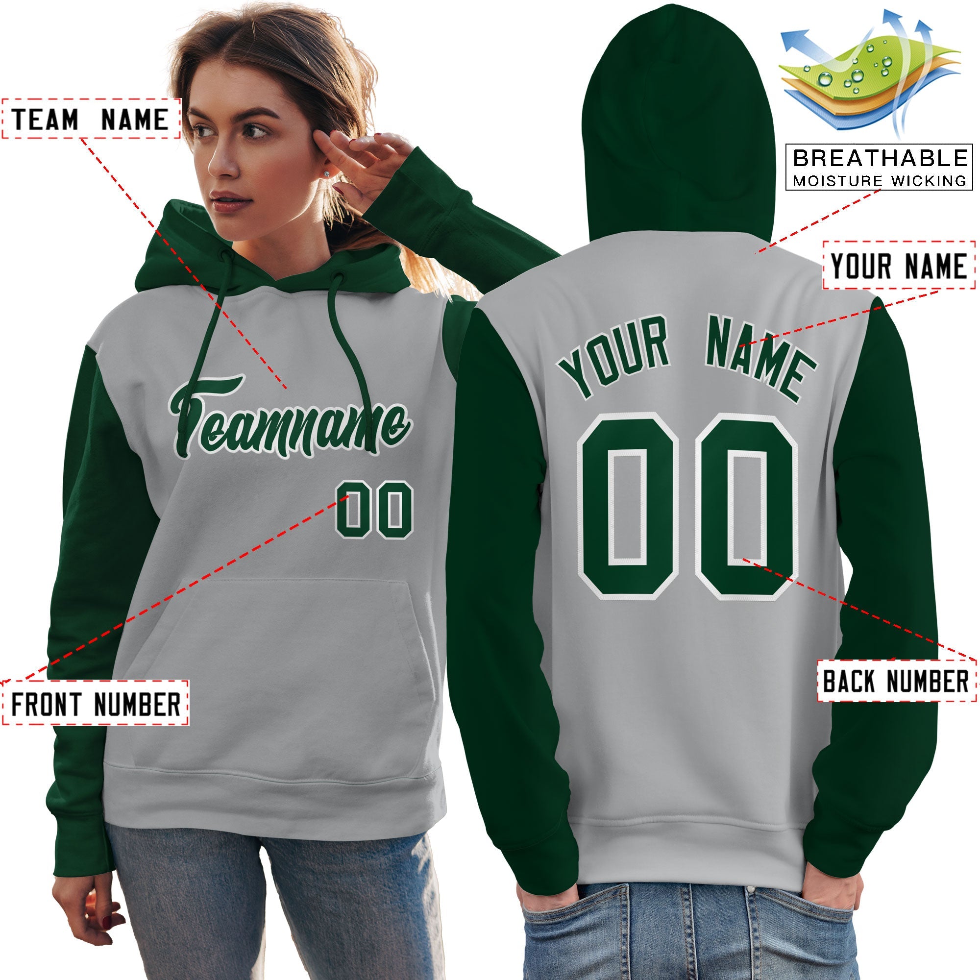 Custom Gray Green-White Raglan Sleeves Pullover Personalized Team Sweatshirt Hoodie