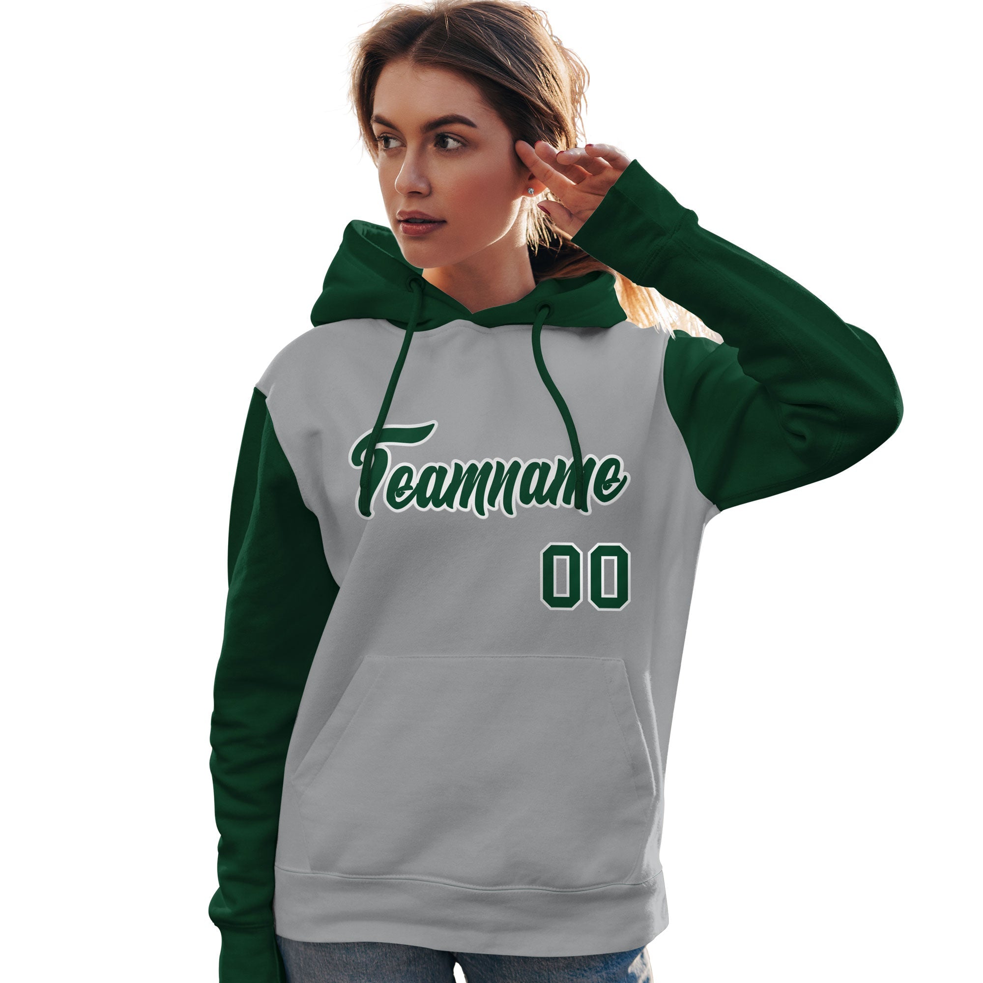 Custom Gray Green-White Raglan Sleeves Pullover Personalized Team Sweatshirt Hoodie