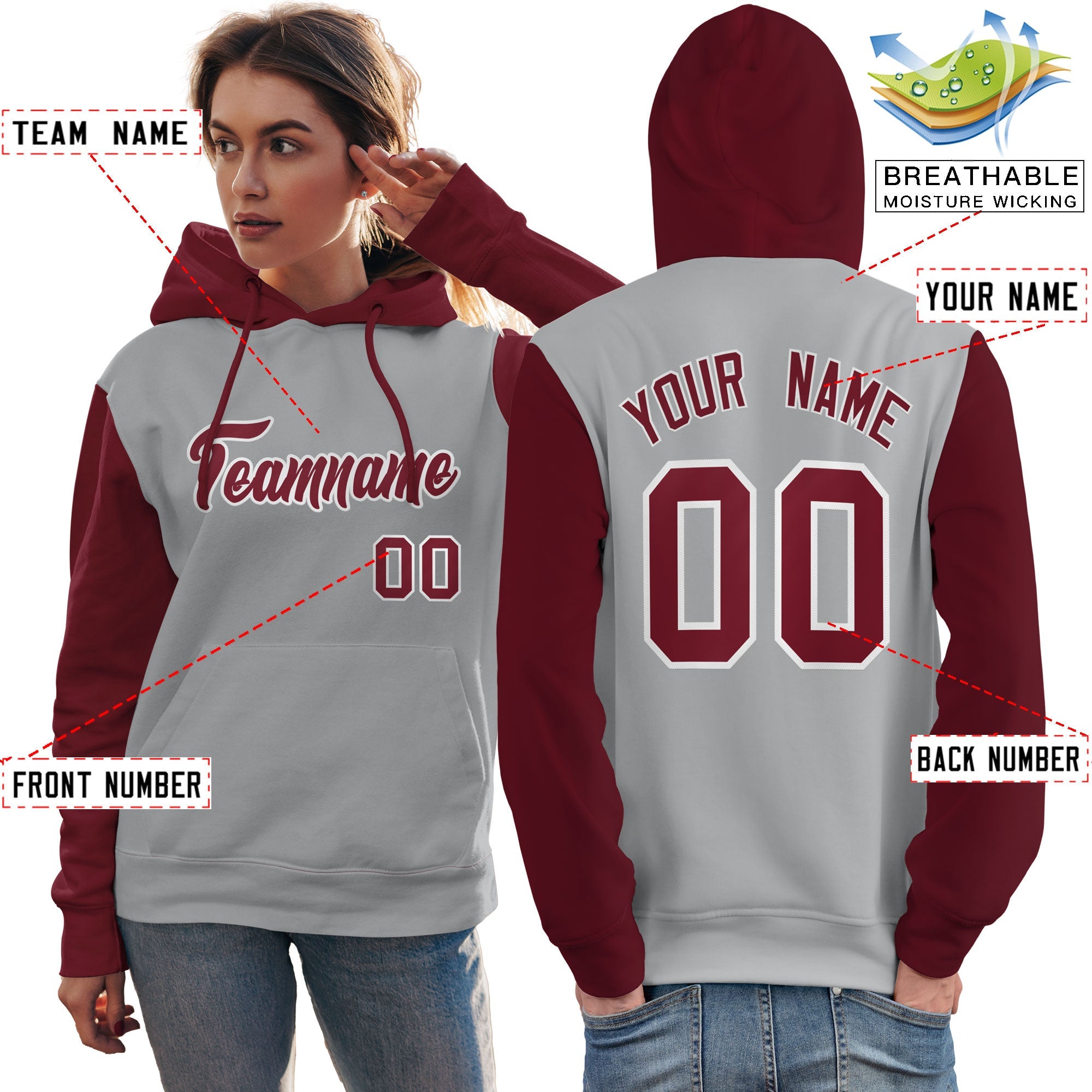 Custom Gray Crimson-White Raglan Sleeves Pullover Personalized Team Sweatshirt Hoodie