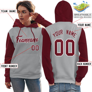 Custom Gray Crimson-White Raglan Sleeves Pullover Personalized Team Sweatshirt Hoodie