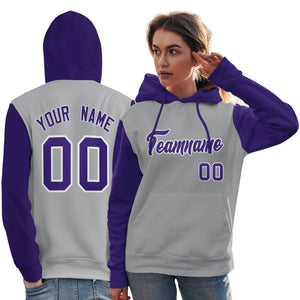 Custom Gray Purple-White Raglan Sleeves Pullover Personalized Team Sweatshirt Hoodie