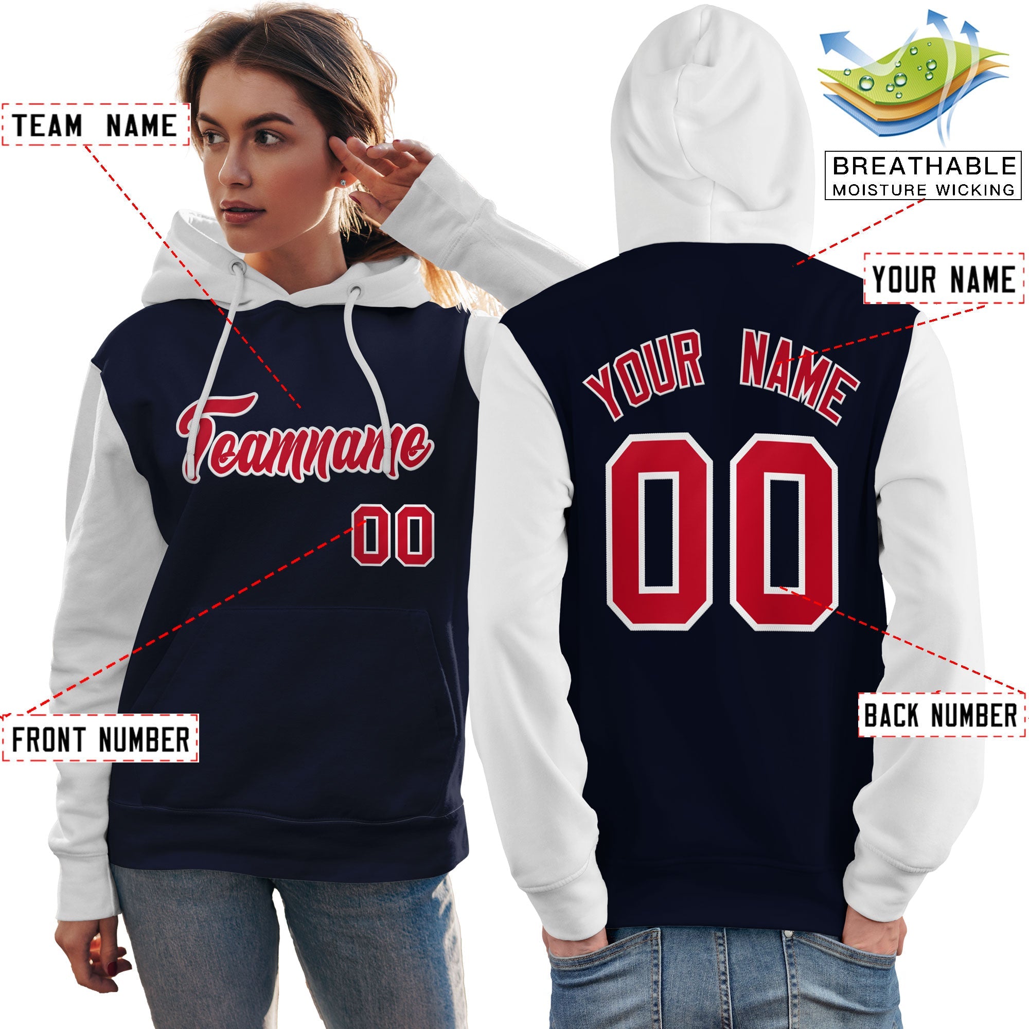 Custom Navy Red-White Raglan Sleeves Pullover Personalized Team Sweatshirt Hoodie