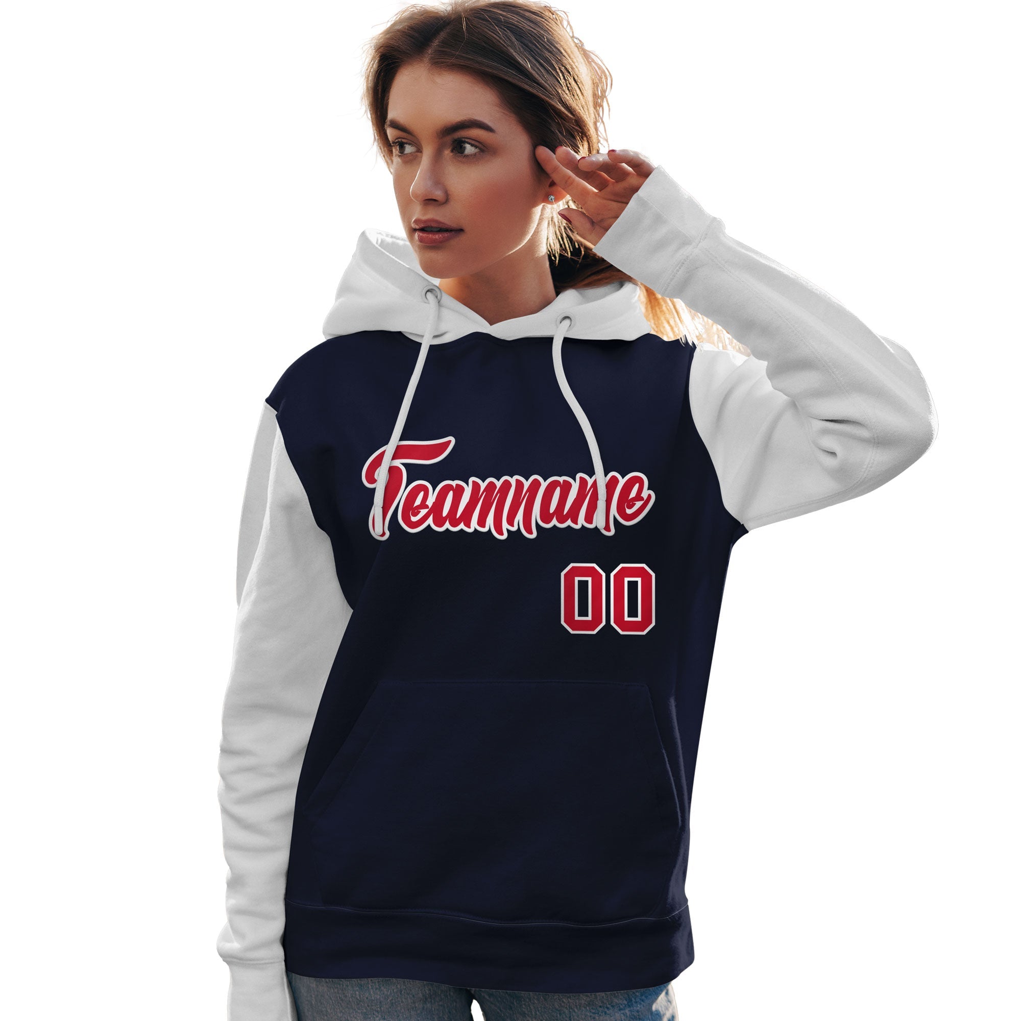 Custom Navy Red-White Raglan Sleeves Pullover Personalized Team Sweatshirt Hoodie