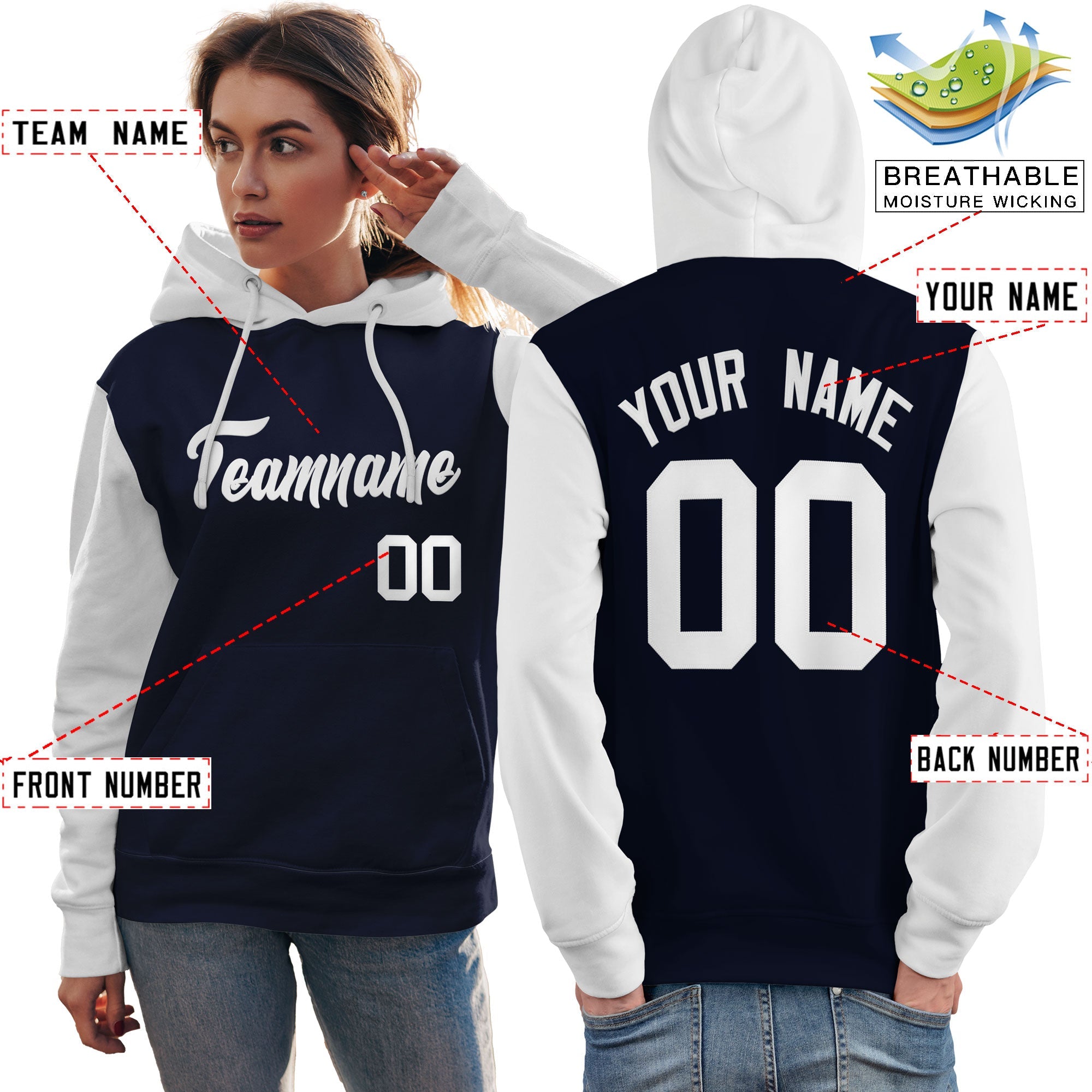 Custom Navy White Raglan Sleeves Pullover Personalized Team Sweatshirt Hoodie