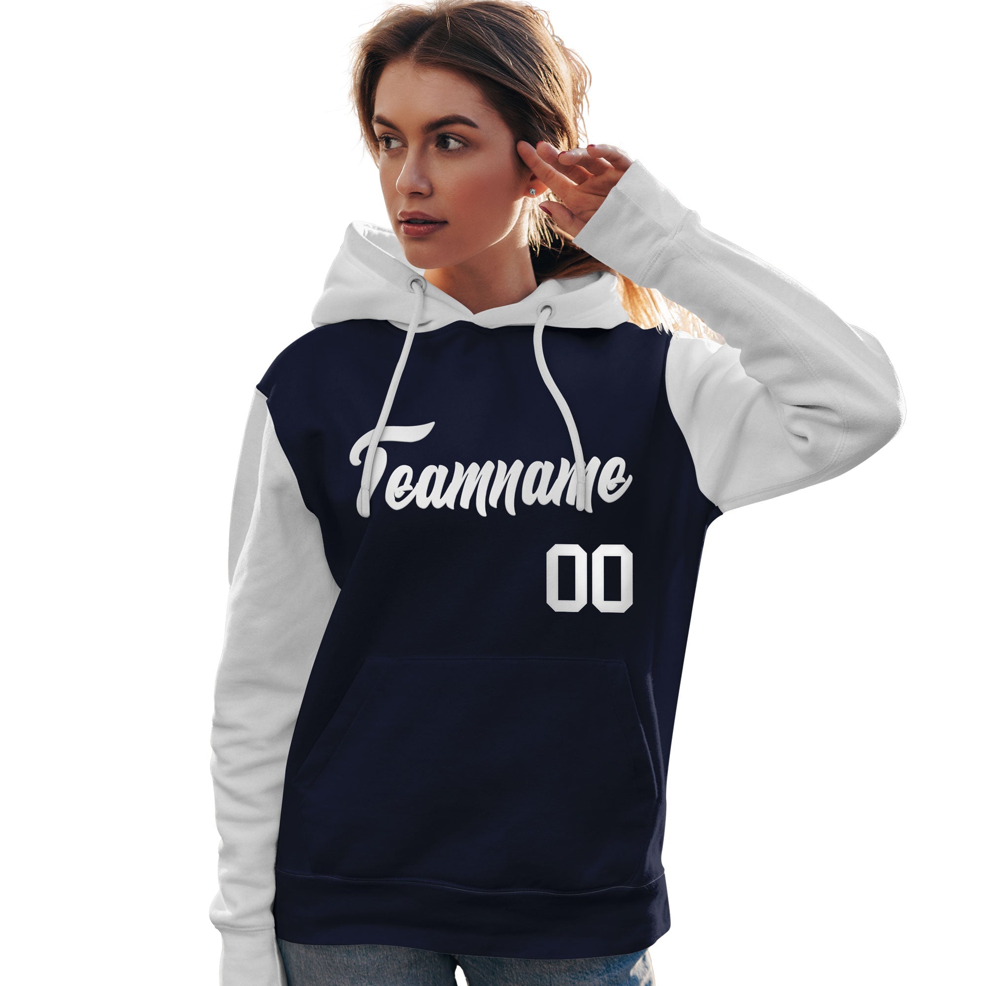 Custom Navy White Raglan Sleeves Pullover Personalized Team Sweatshirt Hoodie