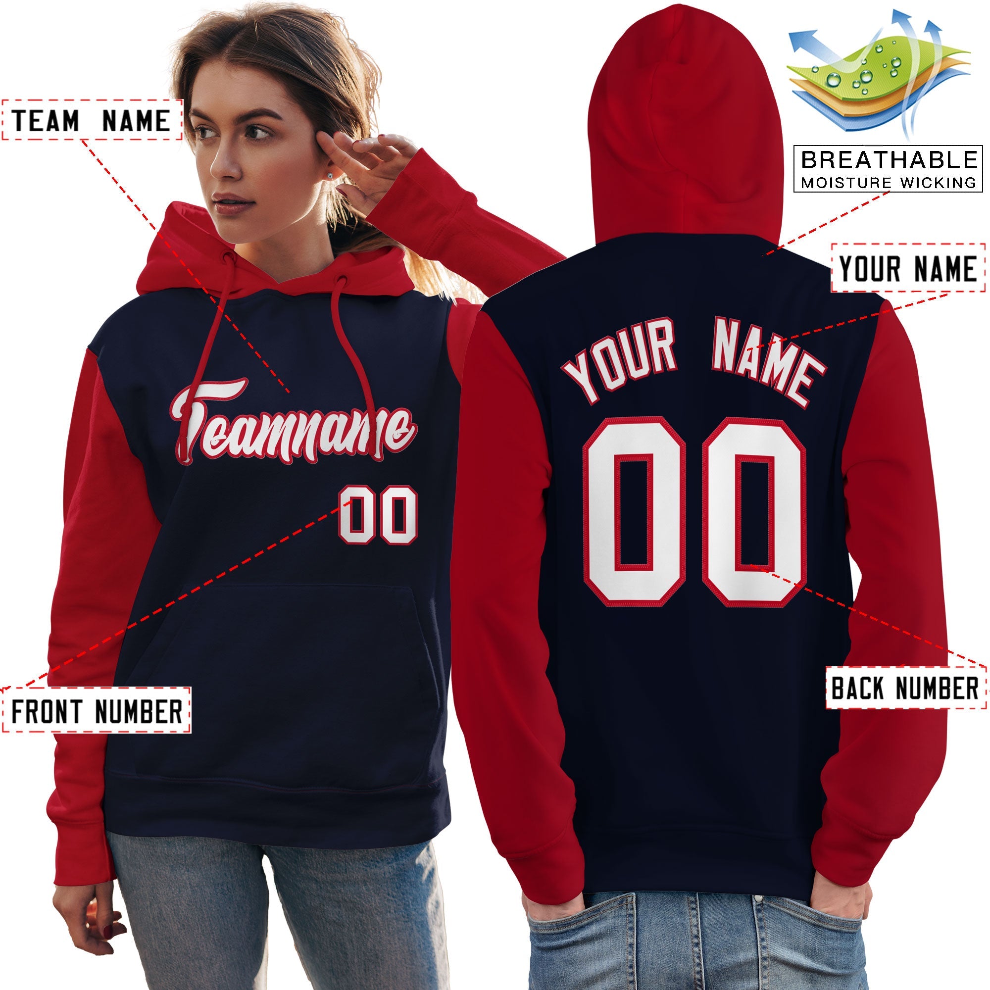 Custom Navy White-Red Raglan Sleeves Pullover Personalized Team Sweatshirt Hoodie