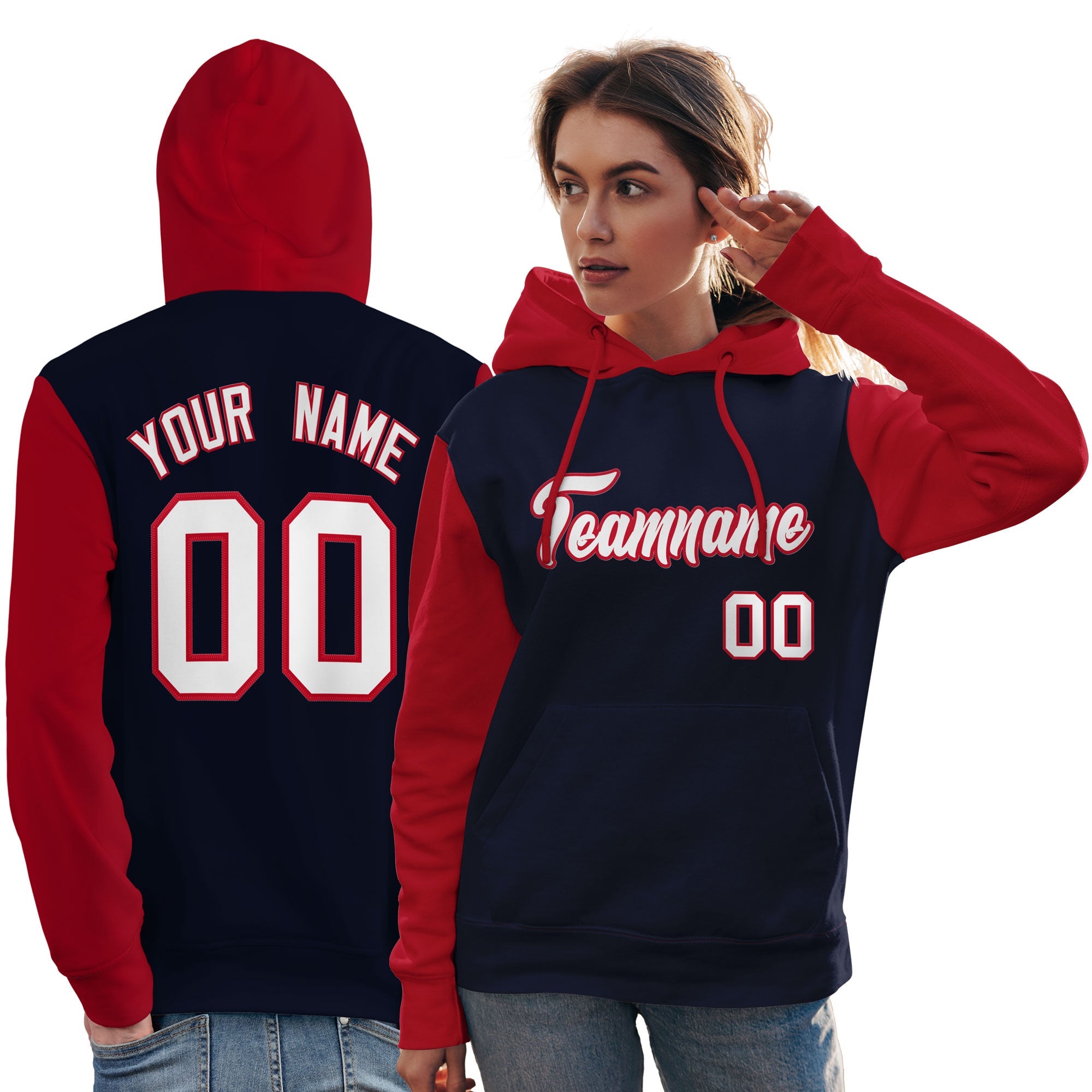 Custom Navy White-Red Raglan Sleeves Pullover Personalized Team Sweatshirt Hoodie