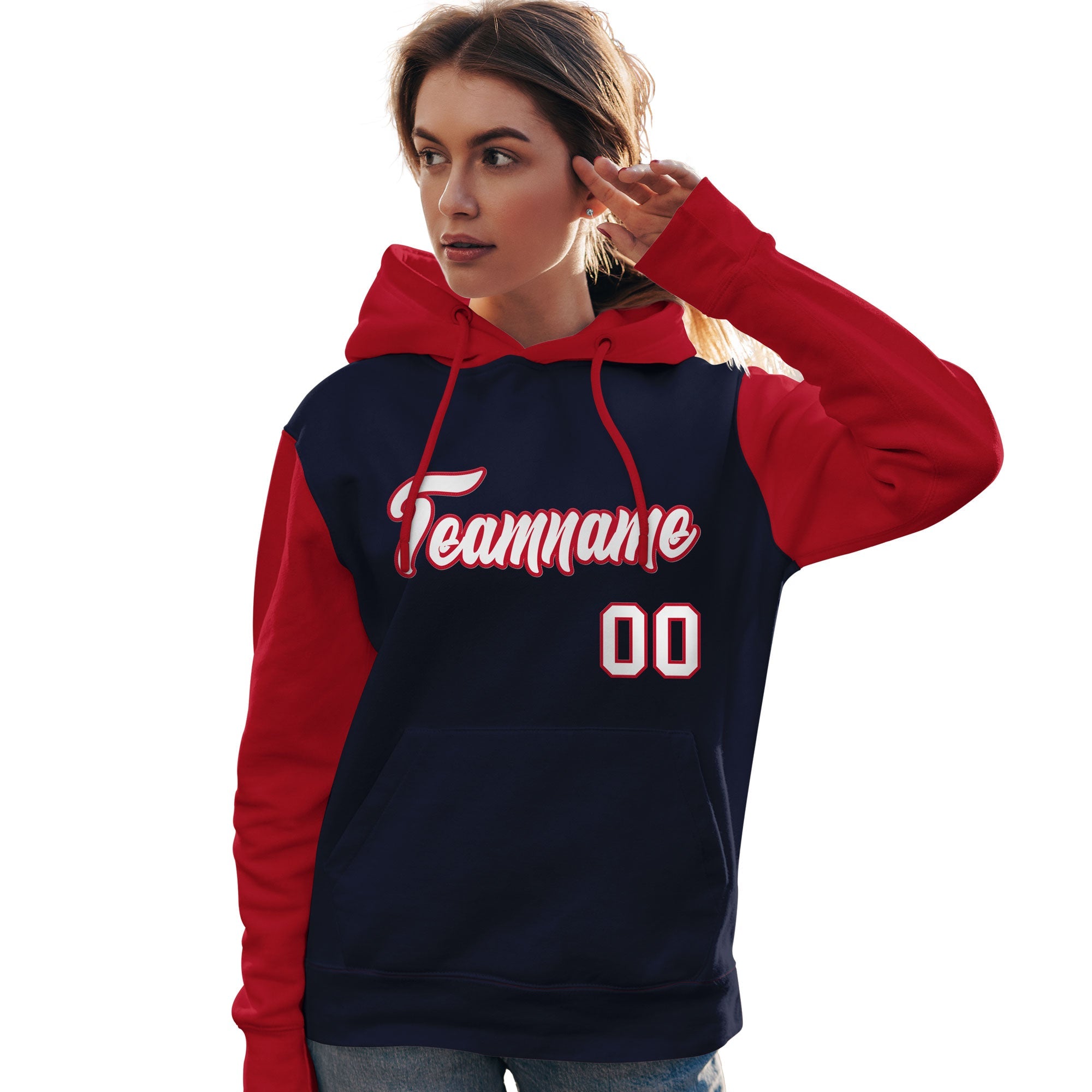 Custom Navy White-Red Raglan Sleeves Pullover Personalized Team Sweatshirt Hoodie