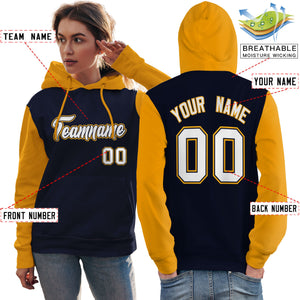 Custom Navy White-Gold Raglan Sleeves Pullover Personalized Team Sweatshirt Hoodie