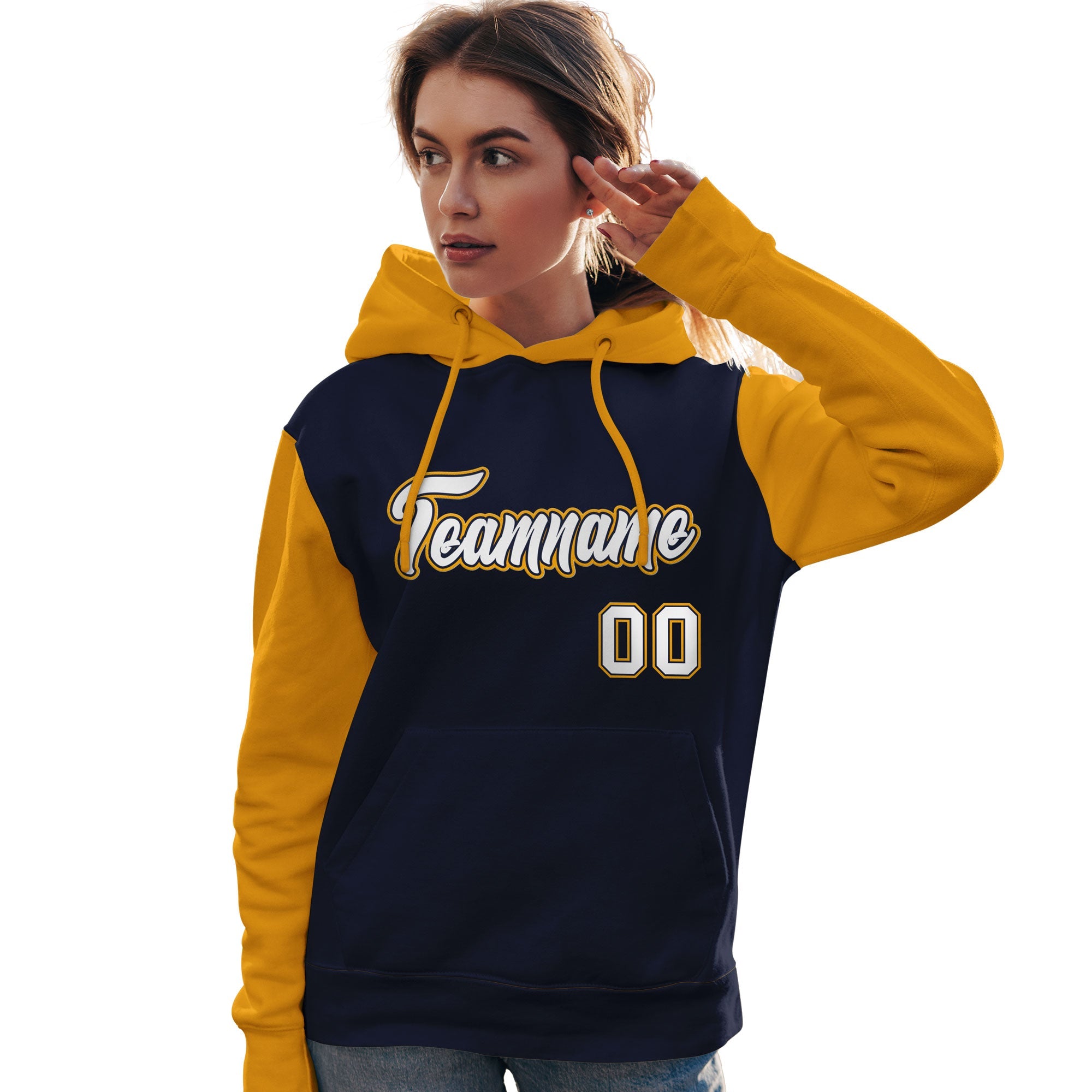 Custom Navy White-Gold Raglan Sleeves Pullover Personalized Team Sweatshirt Hoodie