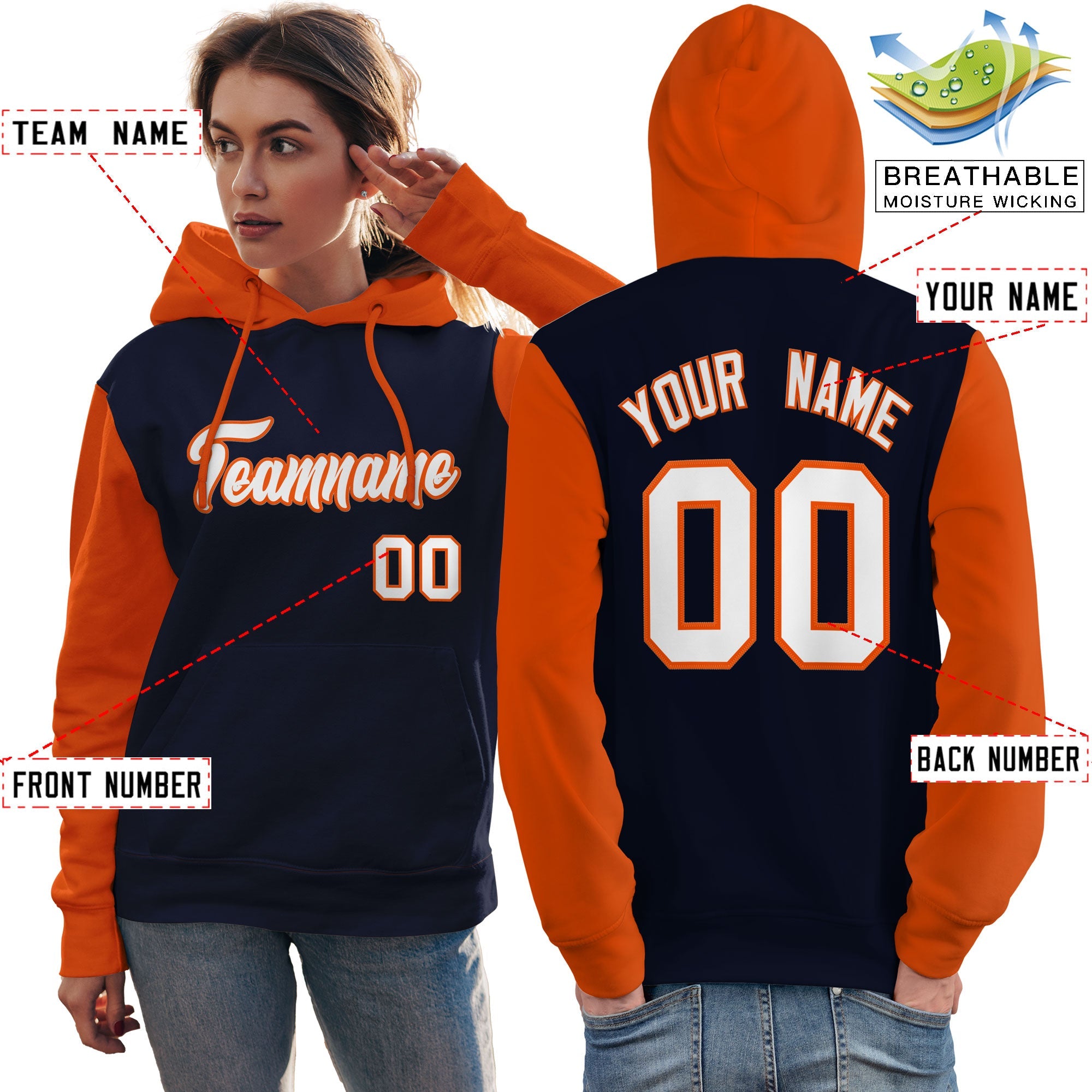 Custom Navy White-Orange Raglan Sleeves Pullover Personalized Team Sweatshirt Hoodie