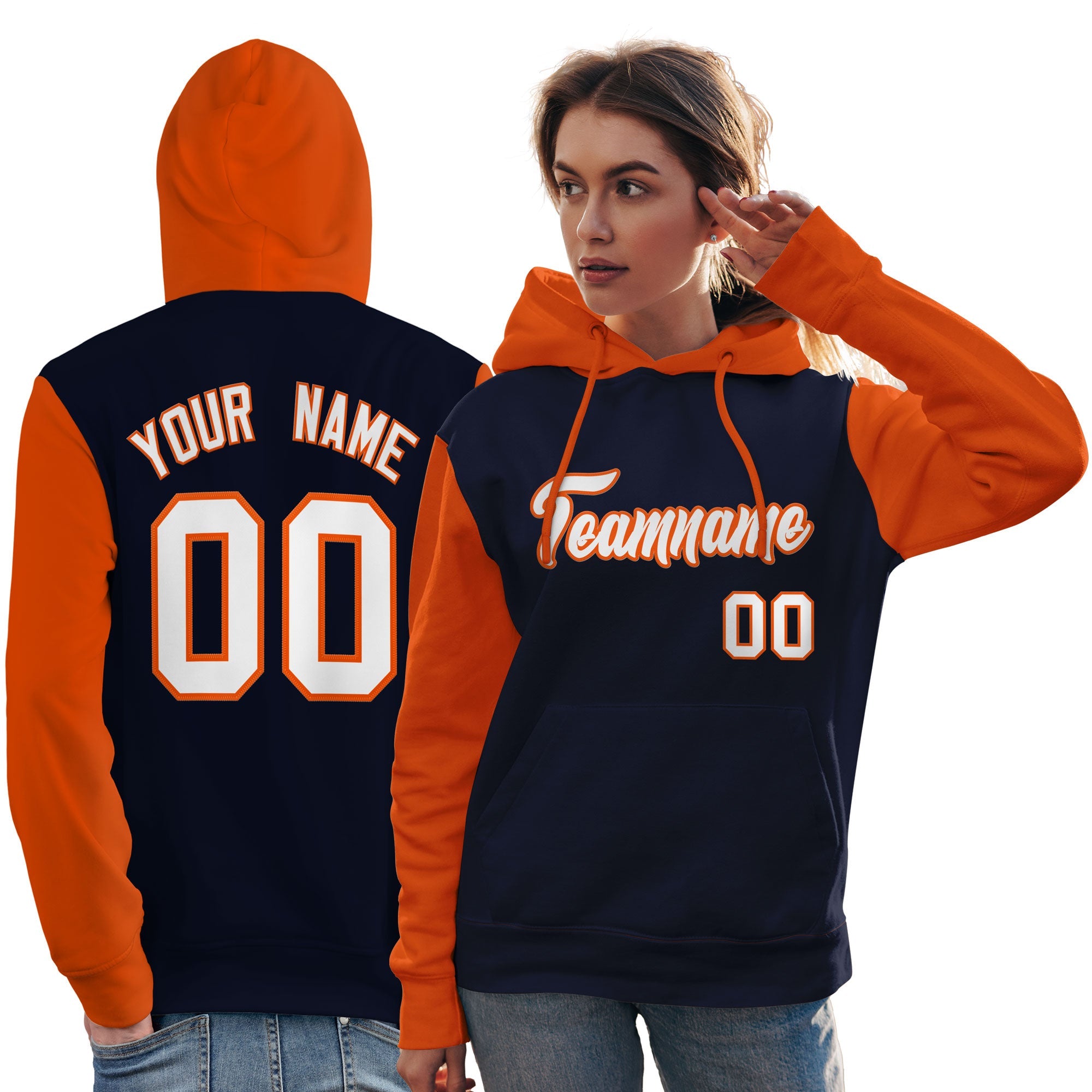 Custom Navy White-Orange Raglan Sleeves Pullover Personalized Team Sweatshirt Hoodie